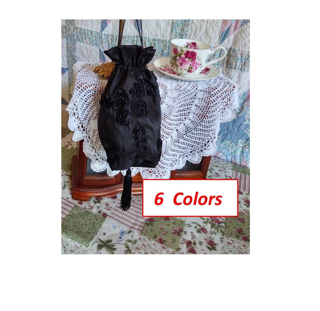 Ribbon Taffeta Reticule, 6 COLORS and Optional Beads, drawstring bag, 19th Century Victorian purse, Civil War, Edwardian, Regency