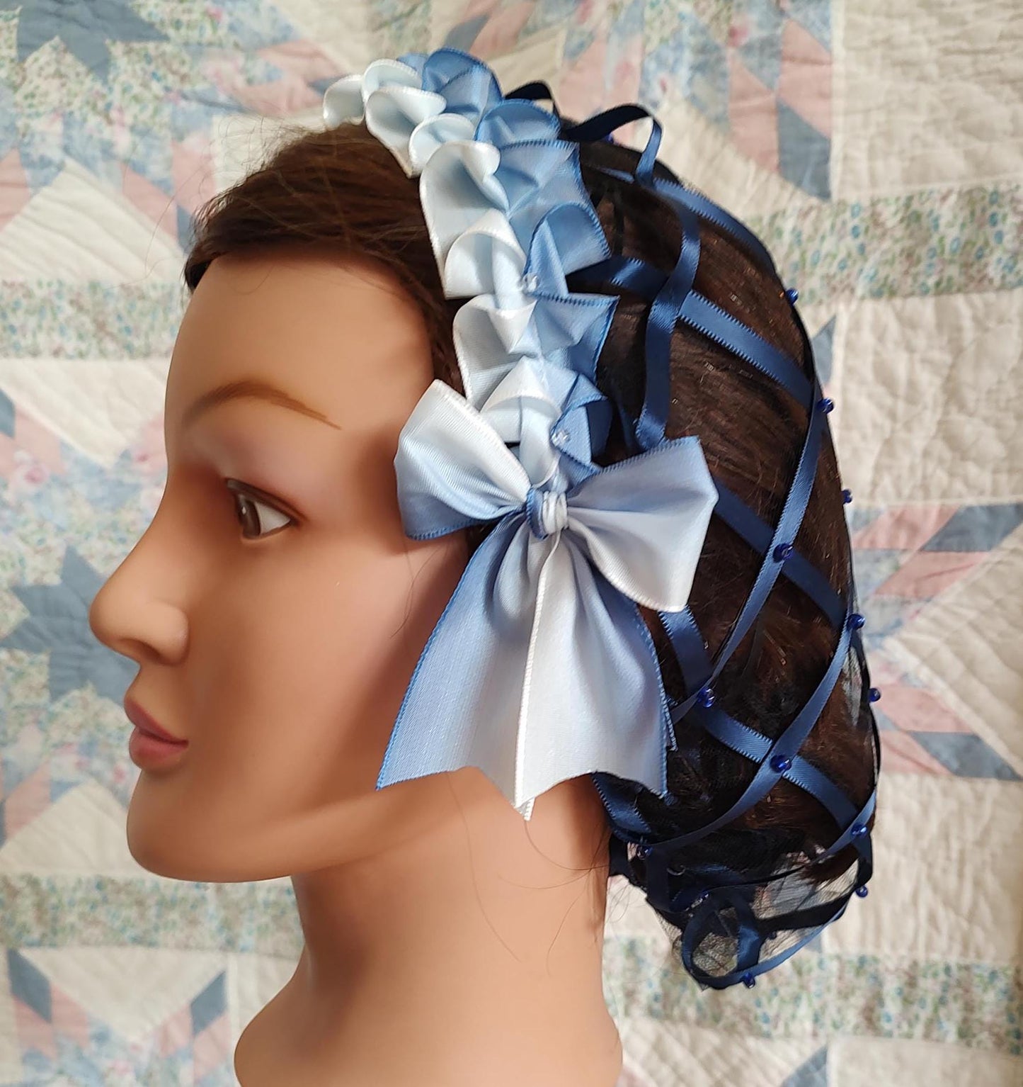 Navy Ribbon Hairnet with Variegated (Ombre) Ribbon Coronet, Victorian Headdress, 19th Century, Civil War, Ball hair accessory