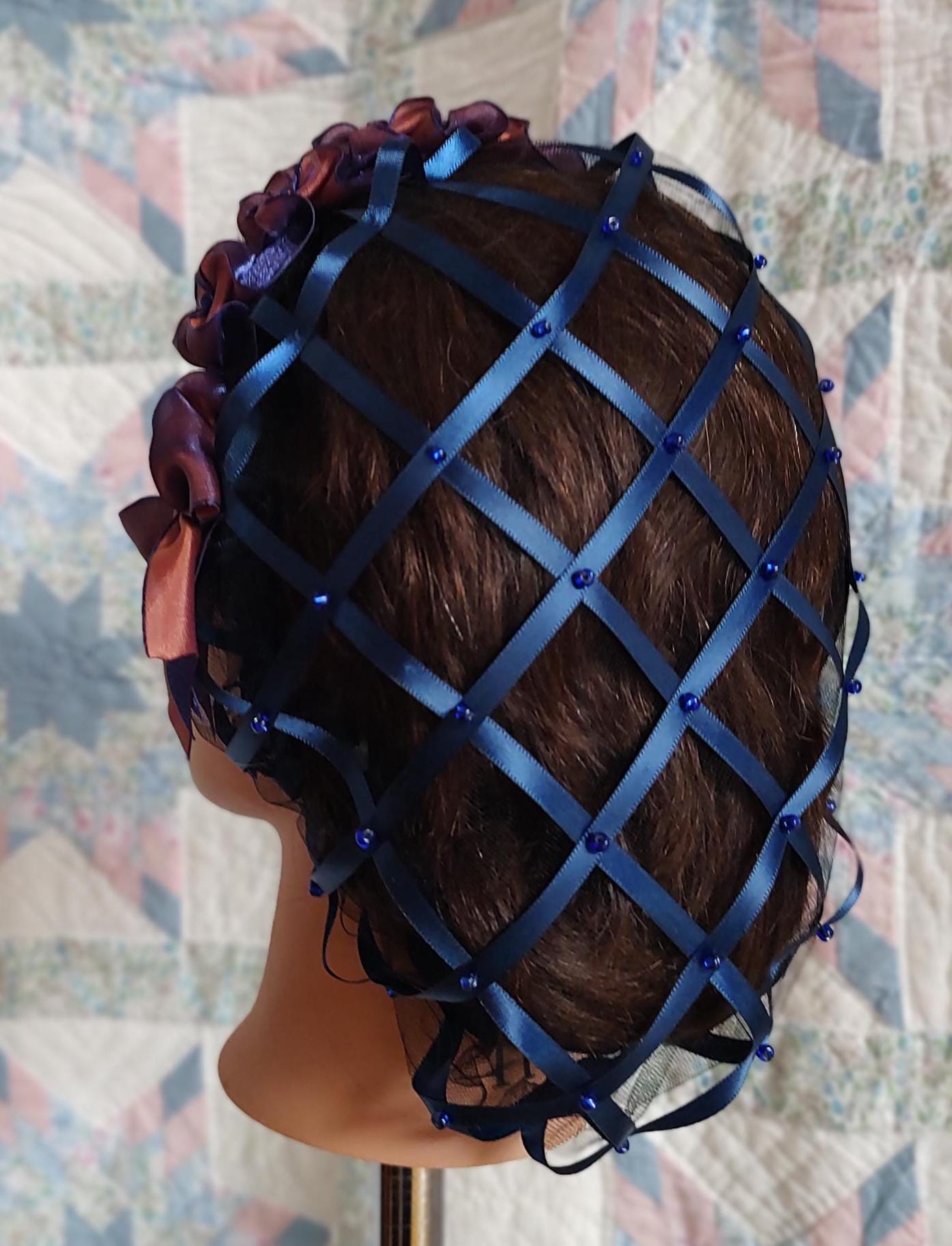 Navy Ribbon Hairnet with Changeable Navy and Copper Ribbon Coronet, Victorian Headdress, 19th Century, Civil War, Ball hair accessory