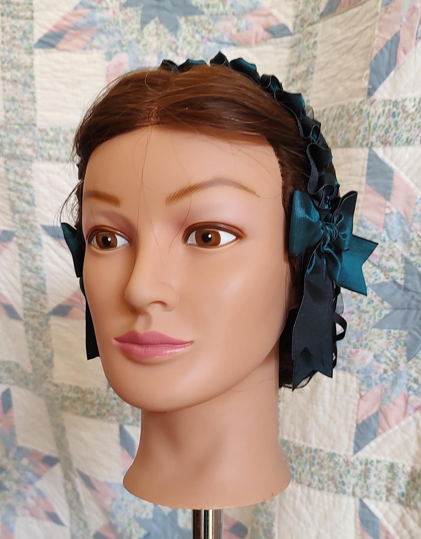 Black Ribbon Hairnet with two-tone Ribbon Coronets - Victorian headdress, 19th Century, Civil War, Ball Hair Accessory
