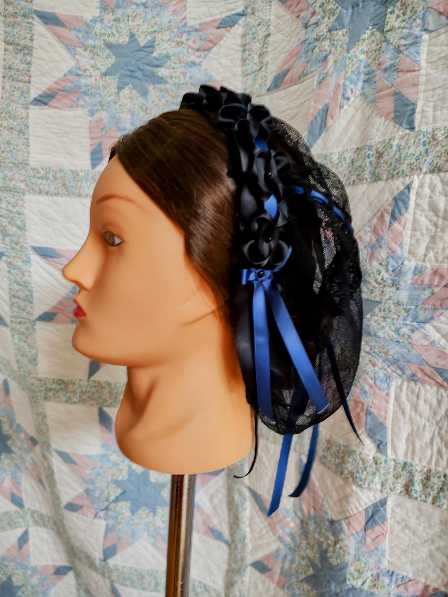 Black Lacy Daycap with choice of Ribbon Accent on Coronet, Civil War, Victorian breakfast cap, 19th Century, Historical Headwear,