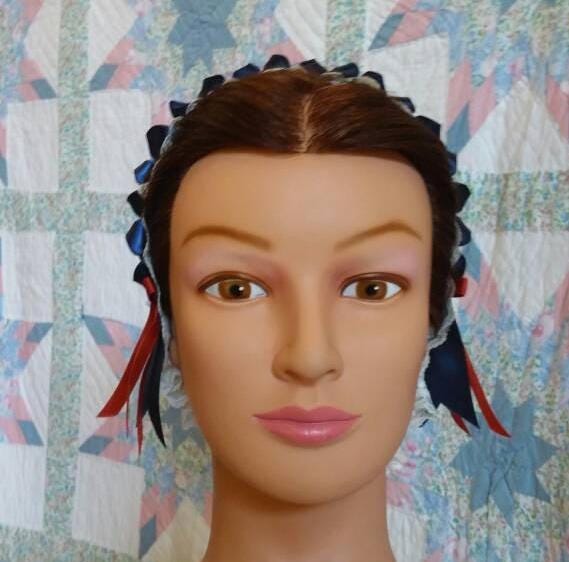 Cream Lacy Daycap with Navy and Russet ribbons, Civil War, Victorian breakfast cap, 19th Century, Historical Headwear,