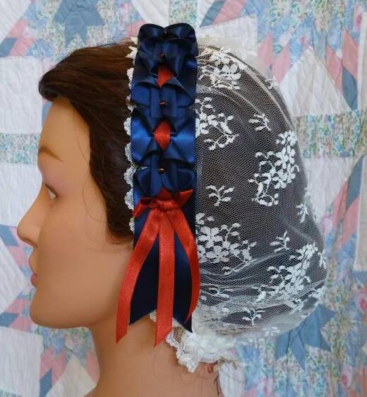 Cream Lacy Daycap with Navy and Russet ribbons, Civil War, Victorian breakfast cap, 19th Century, Historical Headwear,