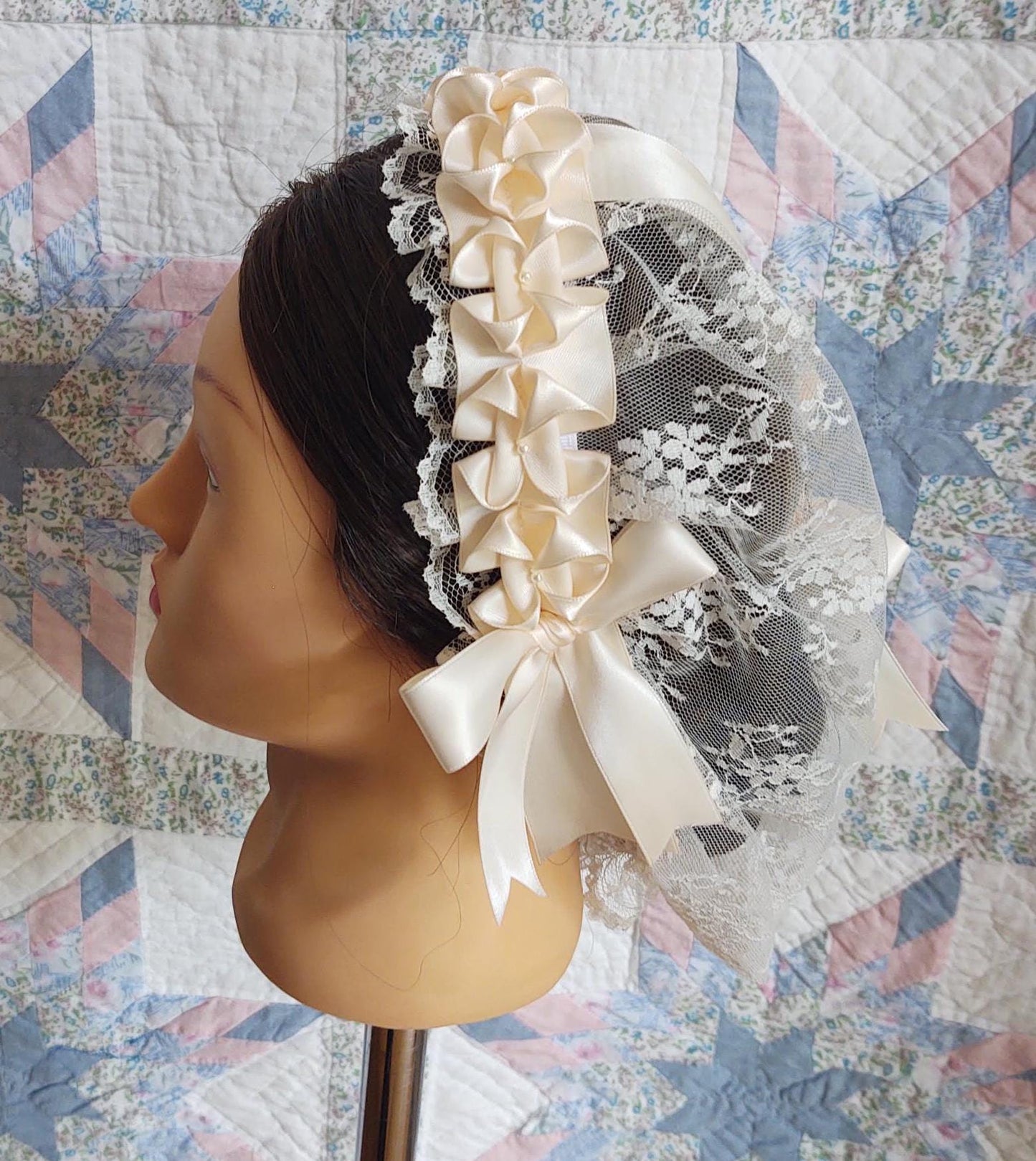 Cream Lacy Daycap with choice of ribbon accent, Civil War, Victorian breakfast cap, 19th Century, Historical Headwear,