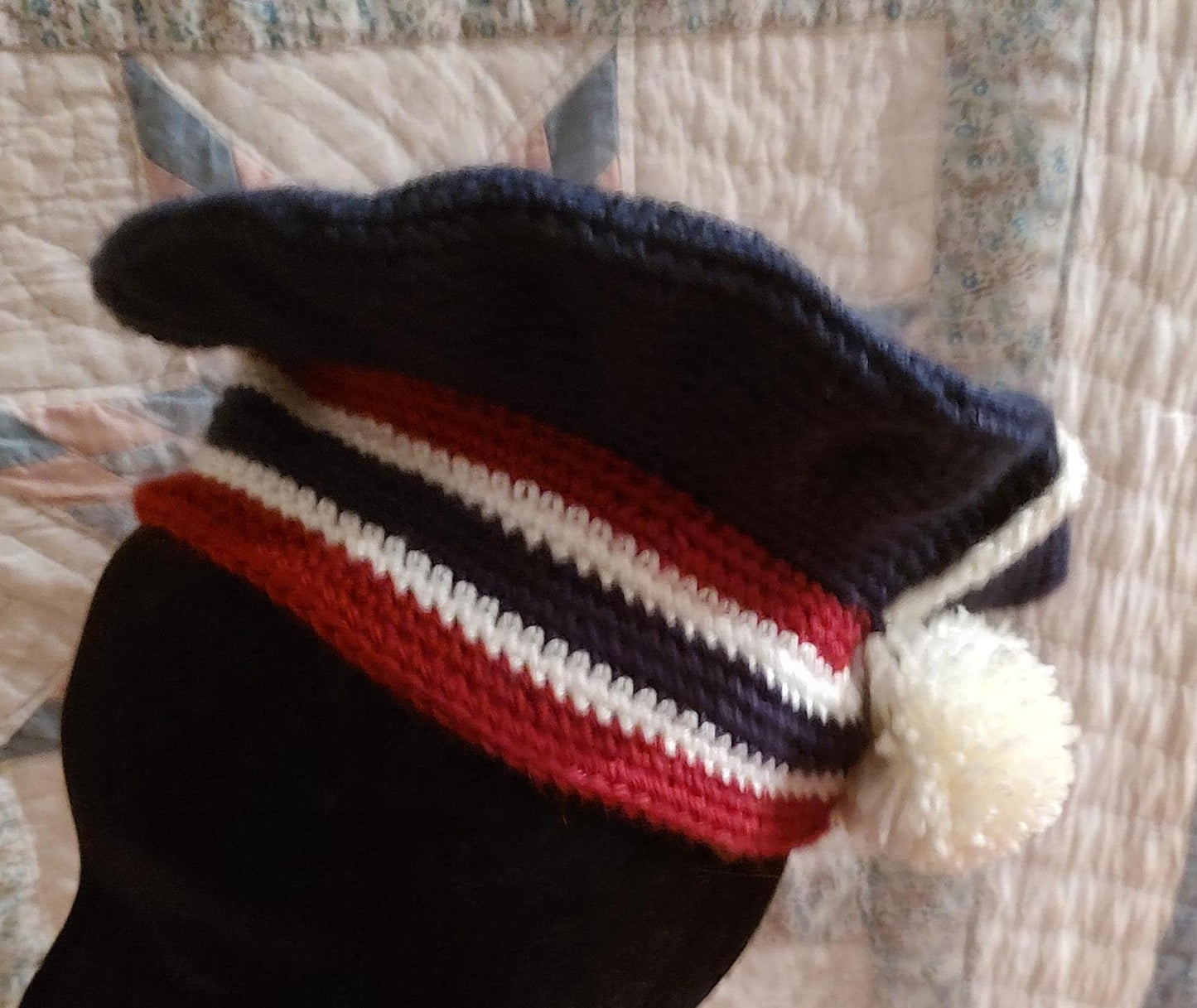 Echoes Patriotic Men's Crocheted Tam - Red, White and Blue - Camp Hat - Tam O'Shanter, Irish and Scottish, Civil War, fatigue