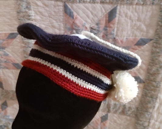 Echoes Patriotic Men's Crocheted Tam - Red, White and Blue - Camp Hat - Tam O'Shanter, Irish and Scottish, Civil War, fatigue