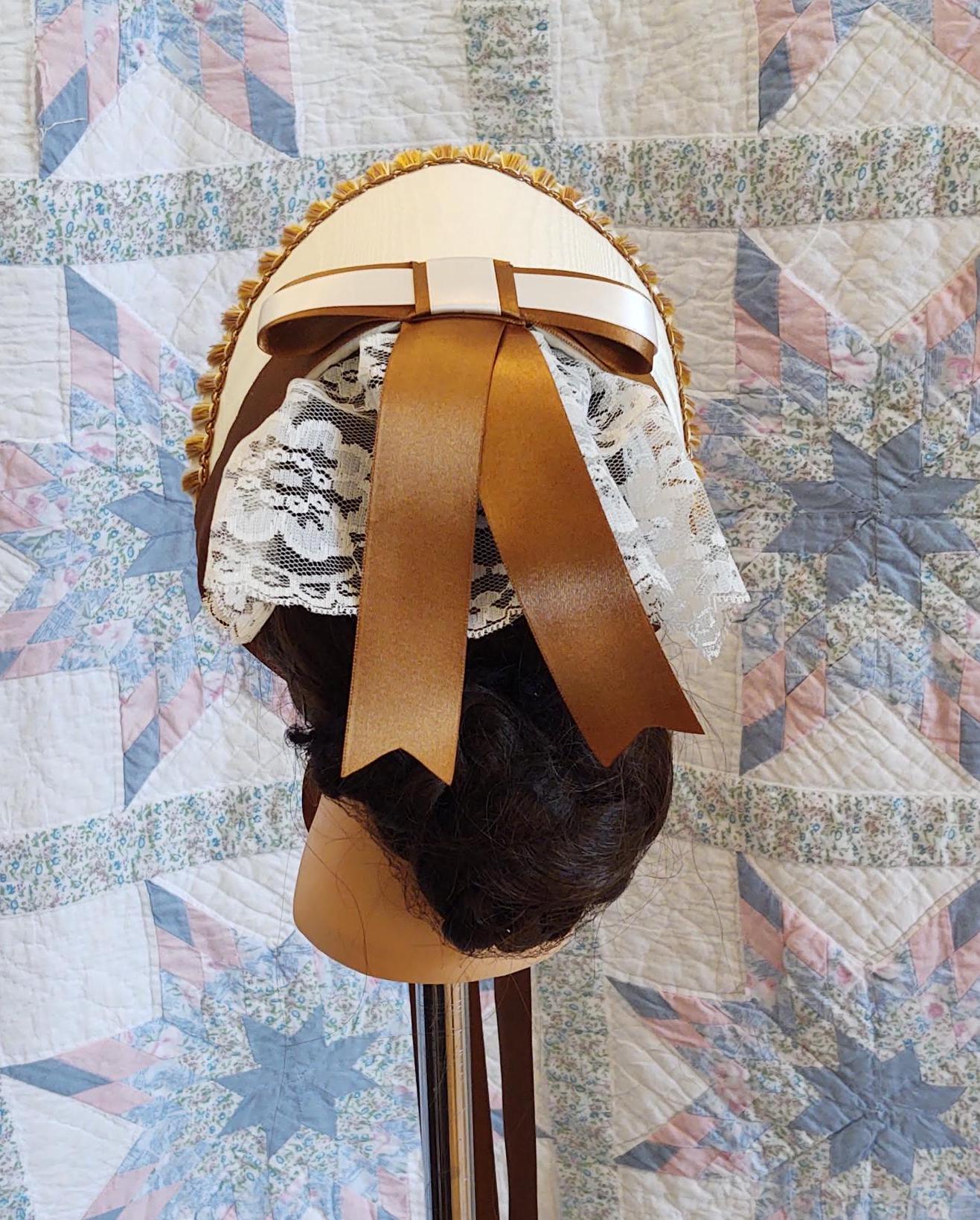 Old Gold Accented Cream Fanchon Bonnet, Dinner Bonnet - Empire Bonnet - Civil War - 19th century Victorian