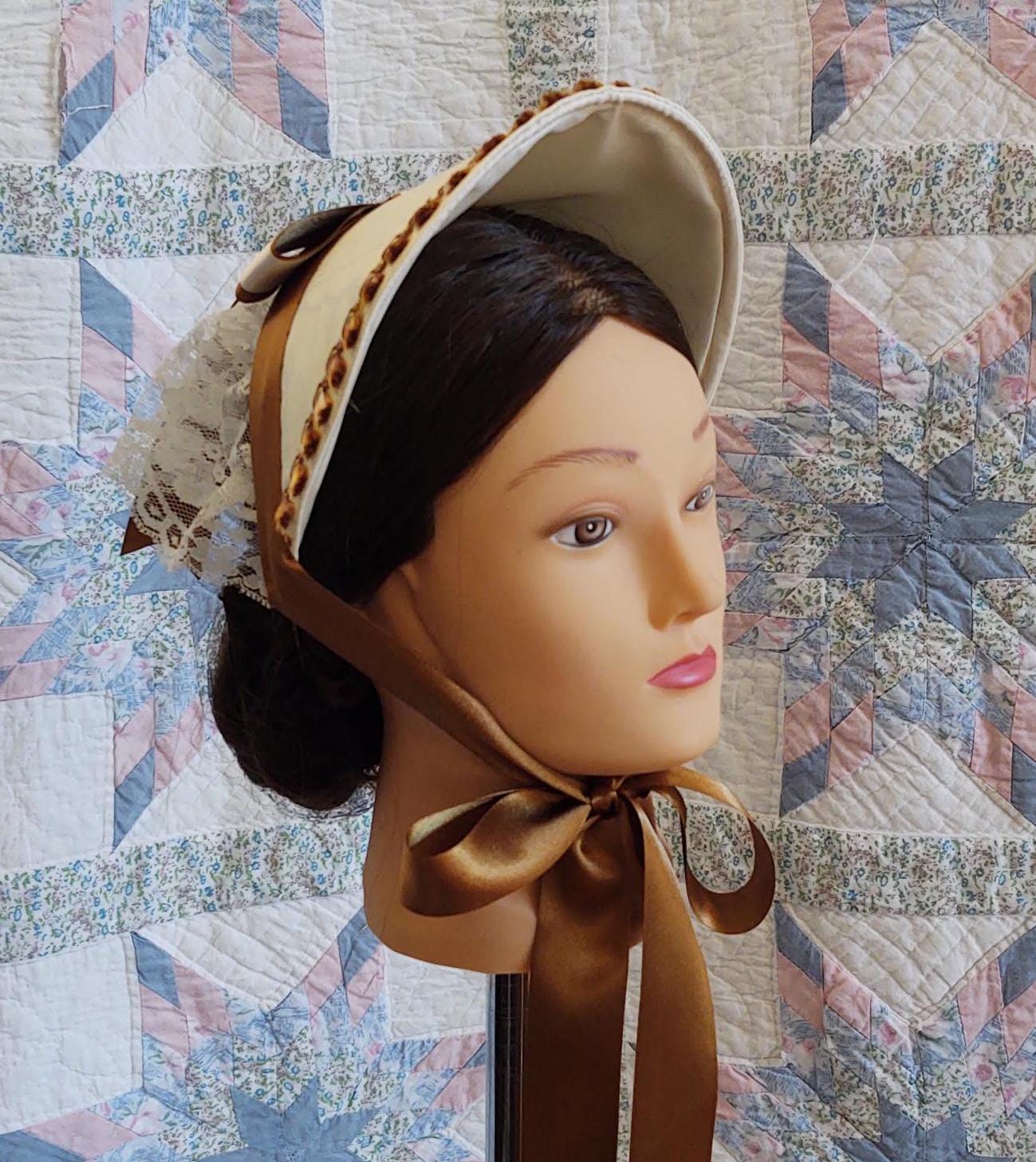 Old Gold Accented Cream Fanchon Bonnet, Dinner Bonnet - Empire Bonnet - Civil War - 19th century Victorian