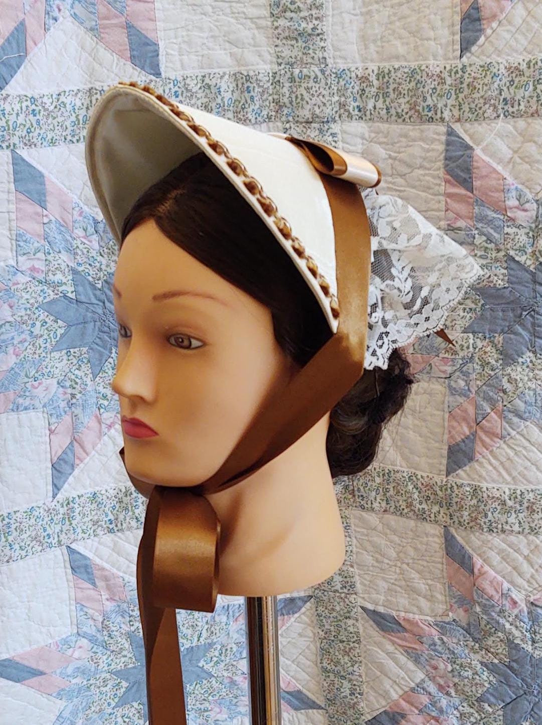 Old Gold Accented Cream Fanchon Bonnet, Dinner Bonnet - Empire Bonnet - Civil War - 19th century Victorian