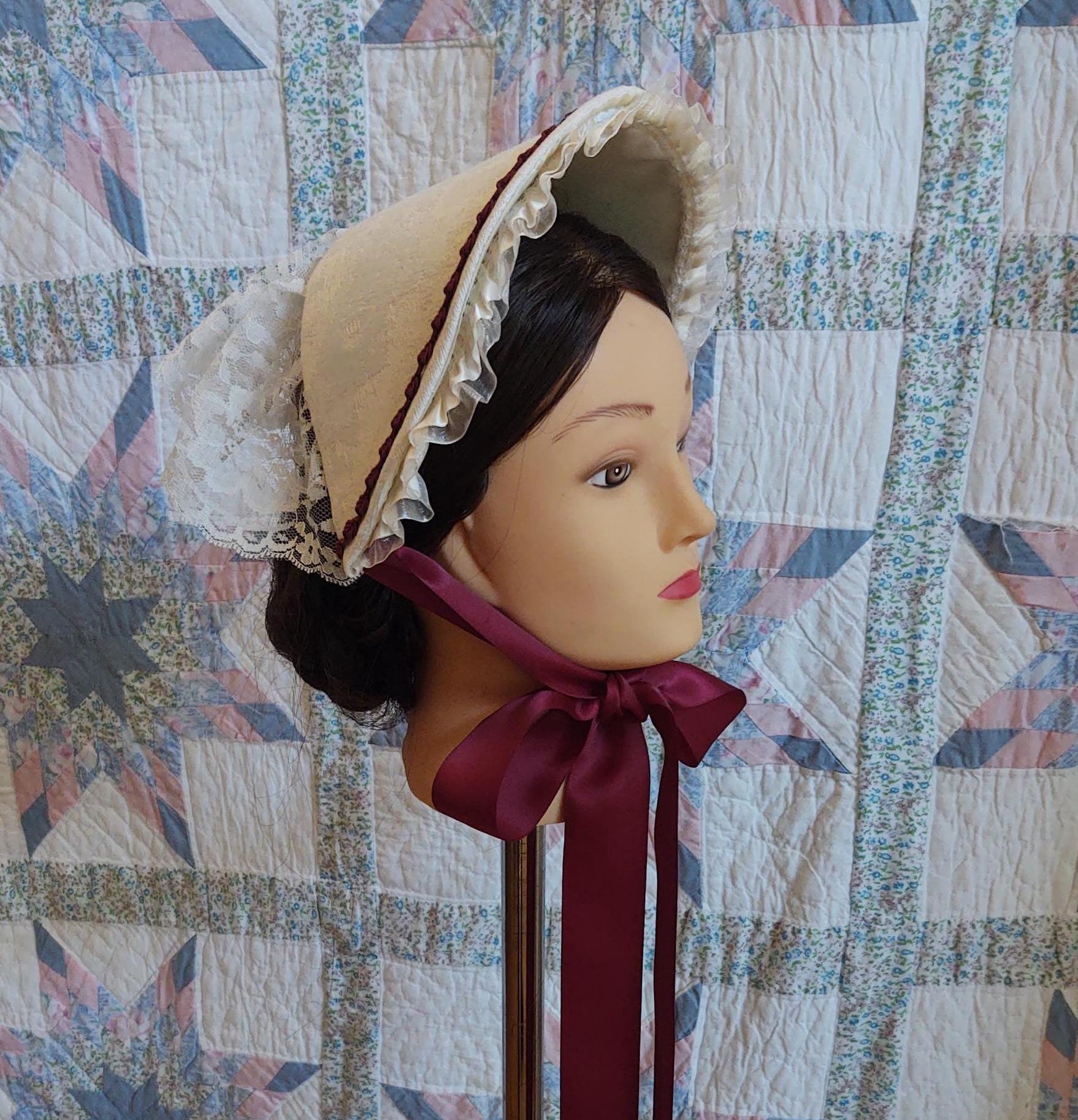 Wine or Blue Accented Cream Fanchon Bonnet, Dinner Bonnet - Empire Bonnet - Civil War - 19th century Victorian