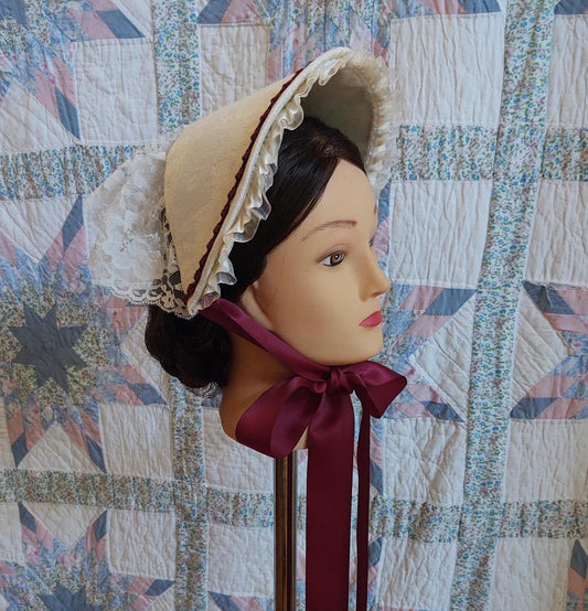 Wine or Blue Accented Cream Fanchon Bonnet, Dinner Bonnet - Empire Bonnet - Civil War - 19th century Victorian