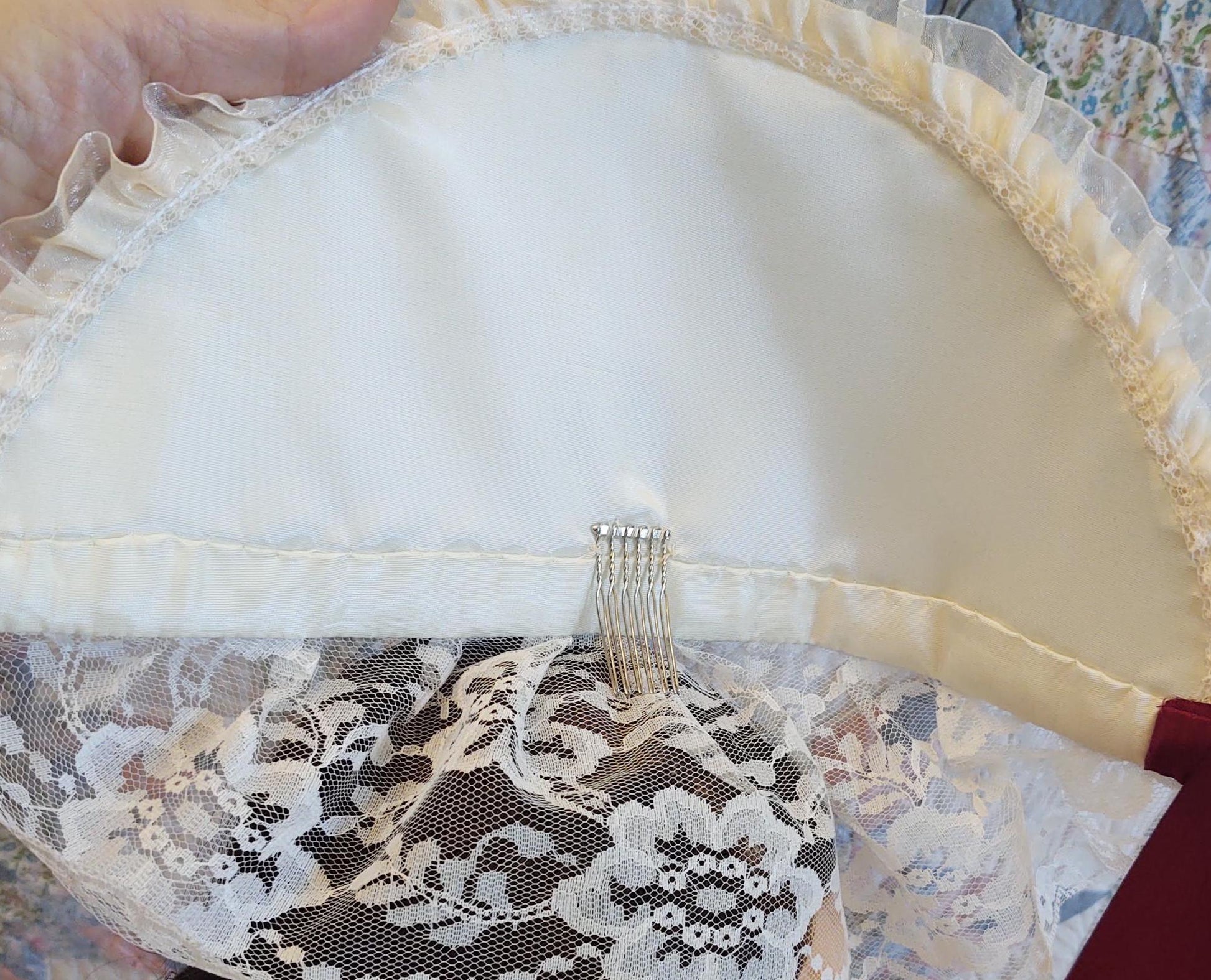Wine or Blue Accented Cream Fanchon Bonnet, Dinner Bonnet - Empire Bonnet - Civil War - 19th century Victorian