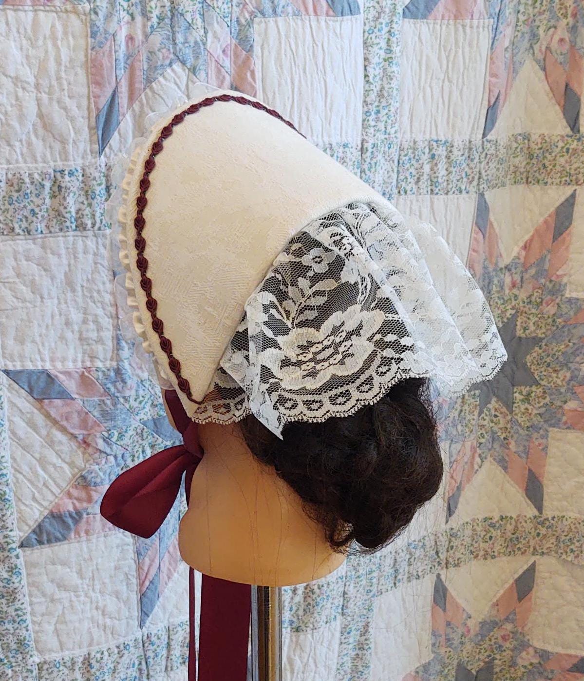 Wine or Blue Accented Cream Fanchon Bonnet, Dinner Bonnet - Empire Bonnet - Civil War - 19th century Victorian