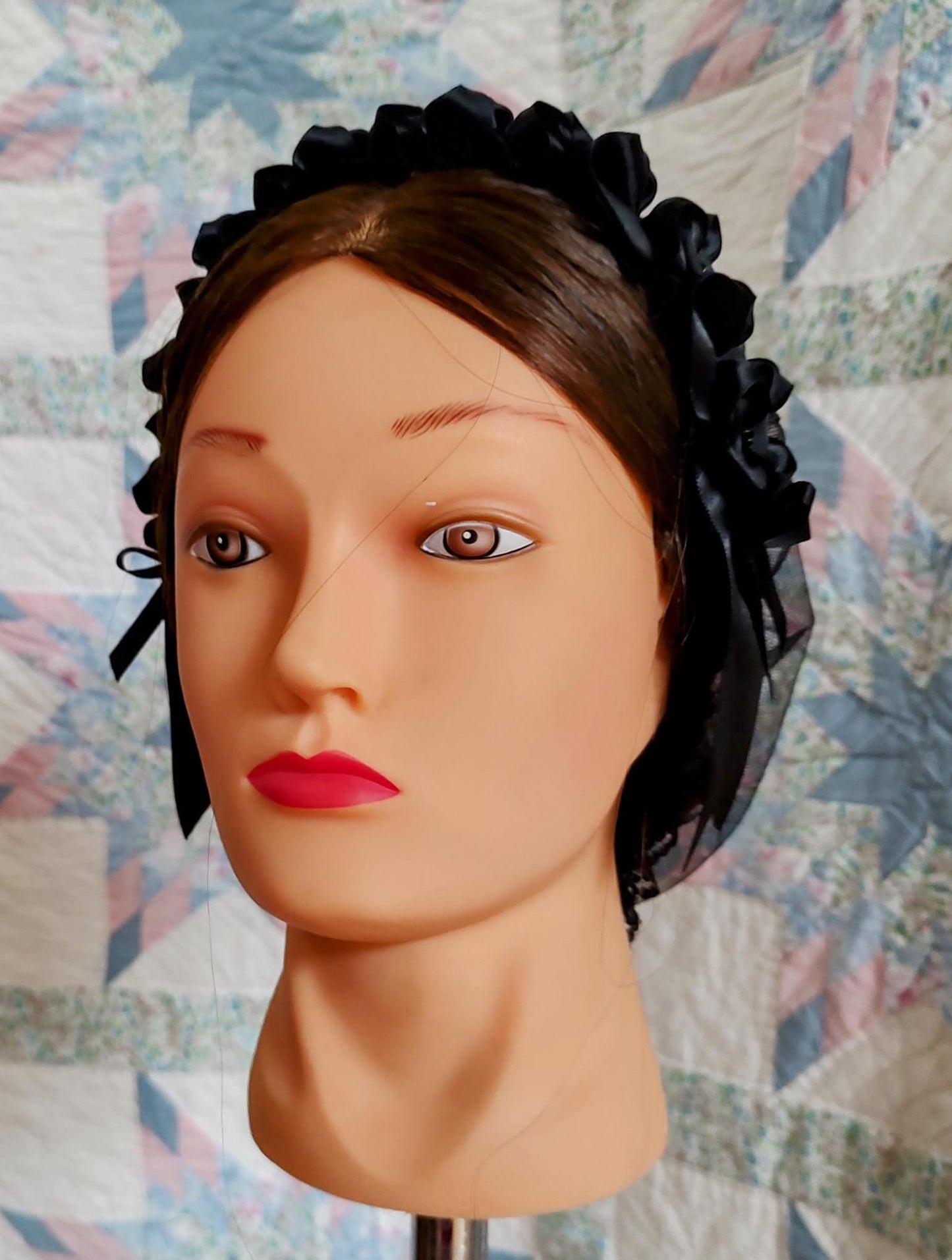 Black Lacy Daycap with choice of Ribbon Coronets - Mourning, Widows or just great neutral, Civil War, Victorian breakfast cap, 19th Century