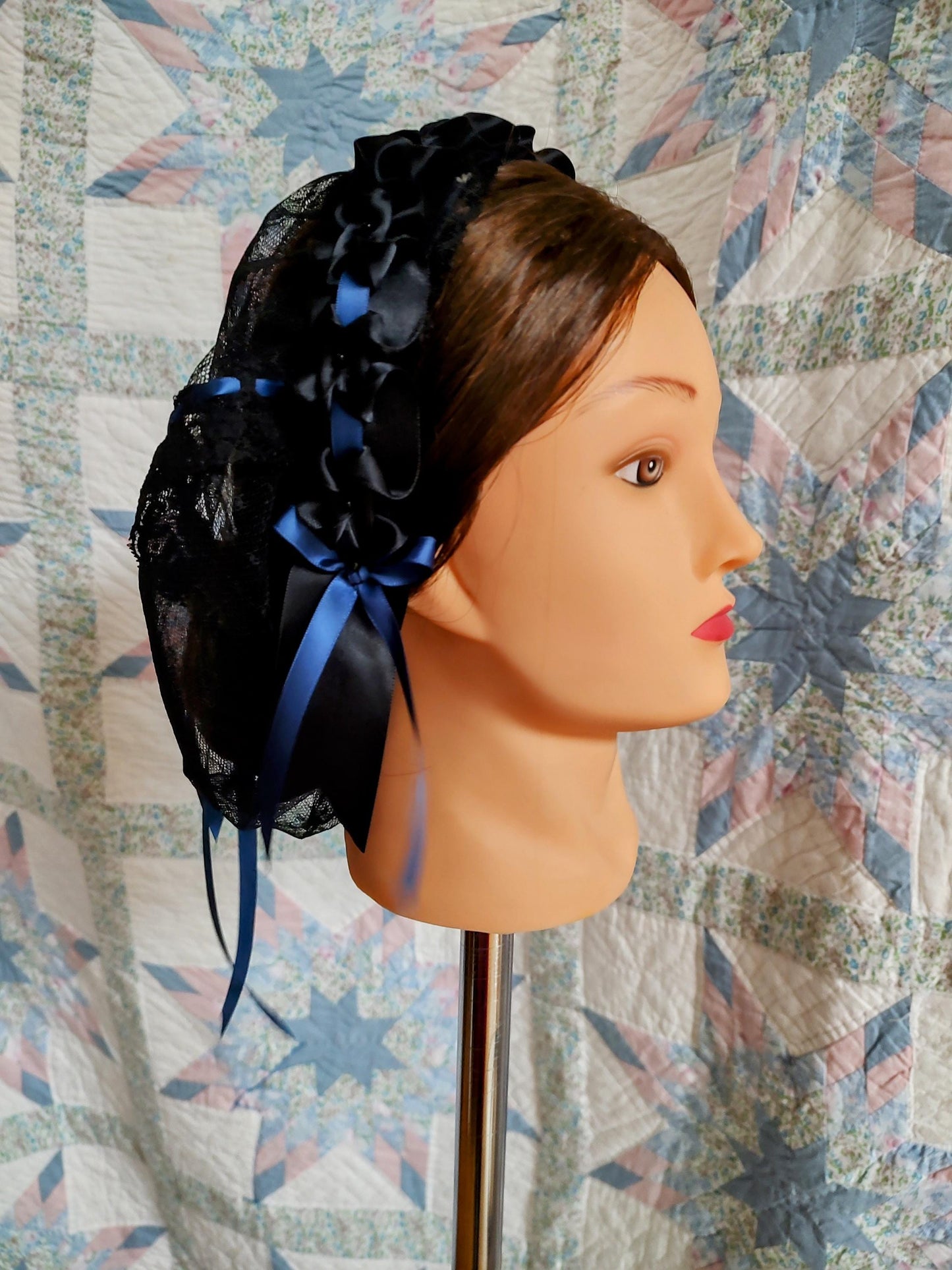 Black Lacy Daycap with choice of Ribbon Accent on Coronet, Civil War, Victorian breakfast cap, 19th Century, Historical Headwear,