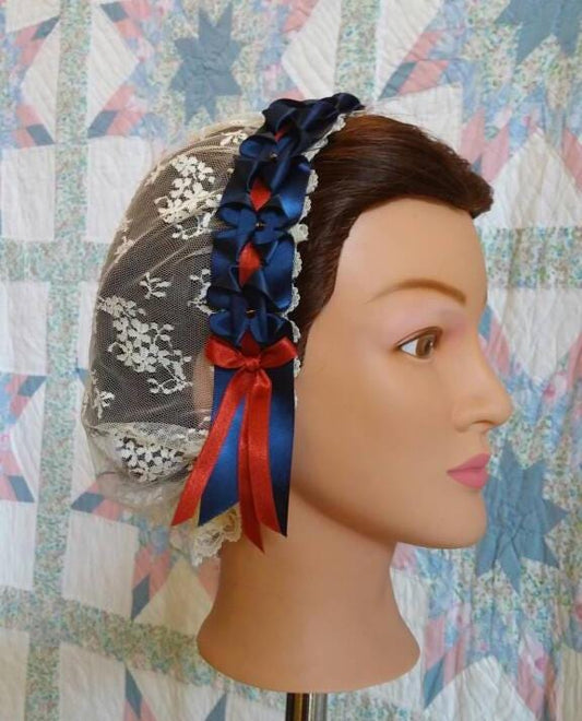 Cream Lacy Daycap with Navy and Russet ribbons, Civil War, Victorian breakfast cap, 19th Century, Historical Headwear,