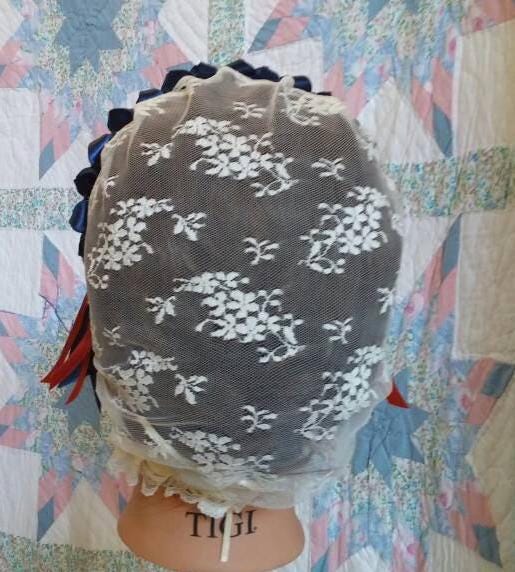 Cream Lacy Daycap with Navy and Russet ribbons, Civil War, Victorian breakfast cap, 19th Century, Historical Headwear,