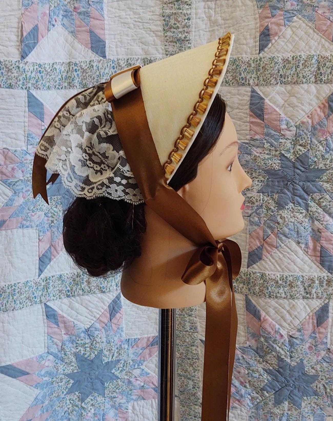 Old Gold Accented Cream Fanchon Bonnet, Dinner Bonnet - Empire Bonnet - Civil War - 19th century Victorian