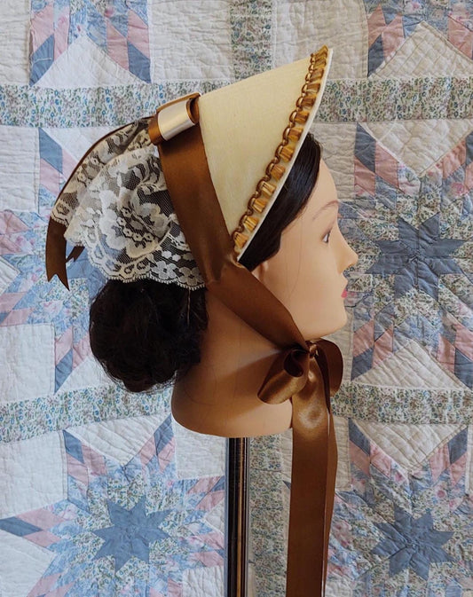 Old Gold Accented Cream Fanchon Bonnet, Dinner Bonnet - Empire Bonnet - Civil War - 19th century Victorian