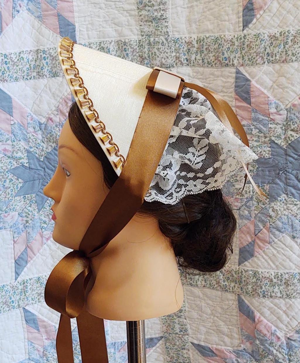 Old Gold Accented Cream Fanchon Bonnet, Dinner Bonnet - Empire Bonnet - Civil War - 19th century Victorian