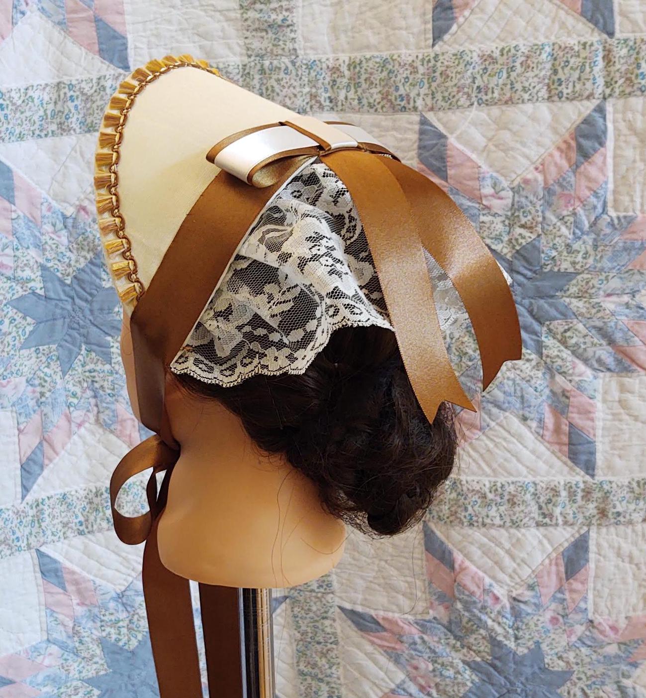 Old Gold Accented Cream Fanchon Bonnet, Dinner Bonnet - Empire Bonnet - Civil War - 19th century Victorian