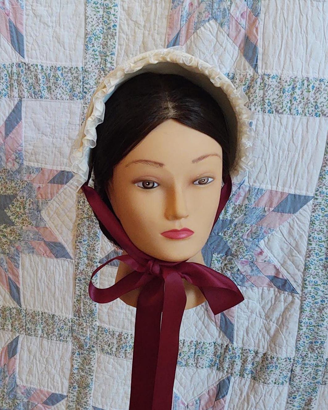 Wine or Blue Accented Cream Fanchon Bonnet, Dinner Bonnet - Empire Bonnet - Civil War - 19th century Victorian