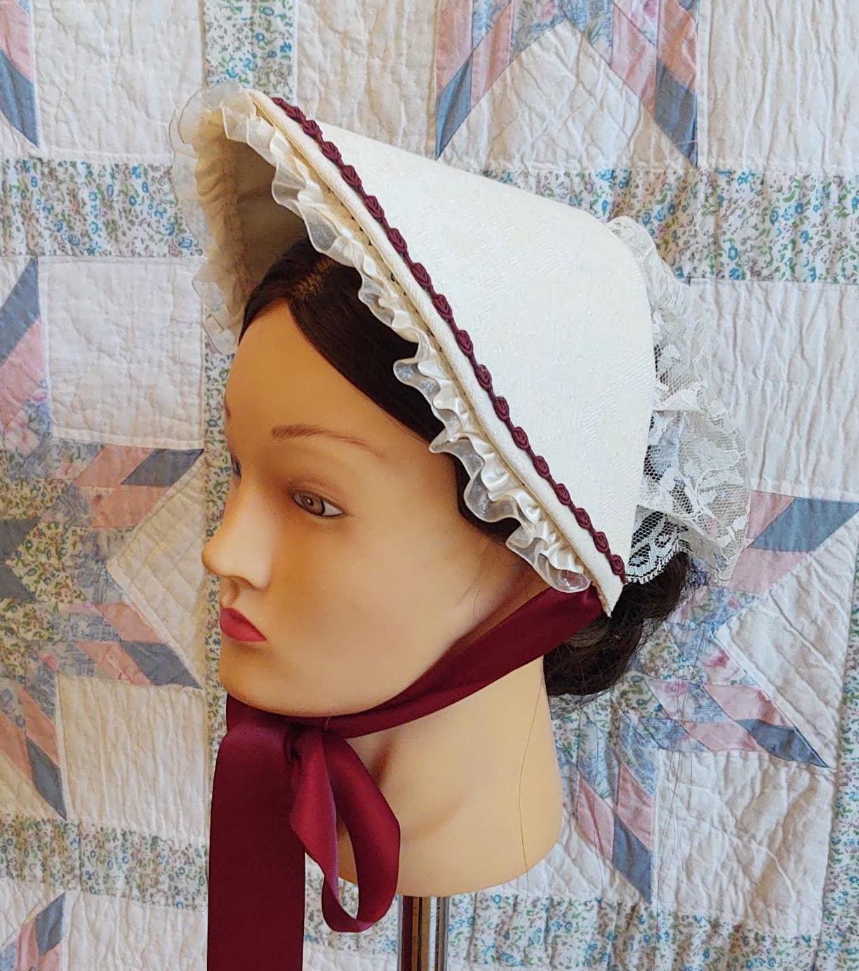 Wine or Blue Accented Cream Fanchon Bonnet, Dinner Bonnet - Empire Bonnet - Civil War - 19th century Victorian