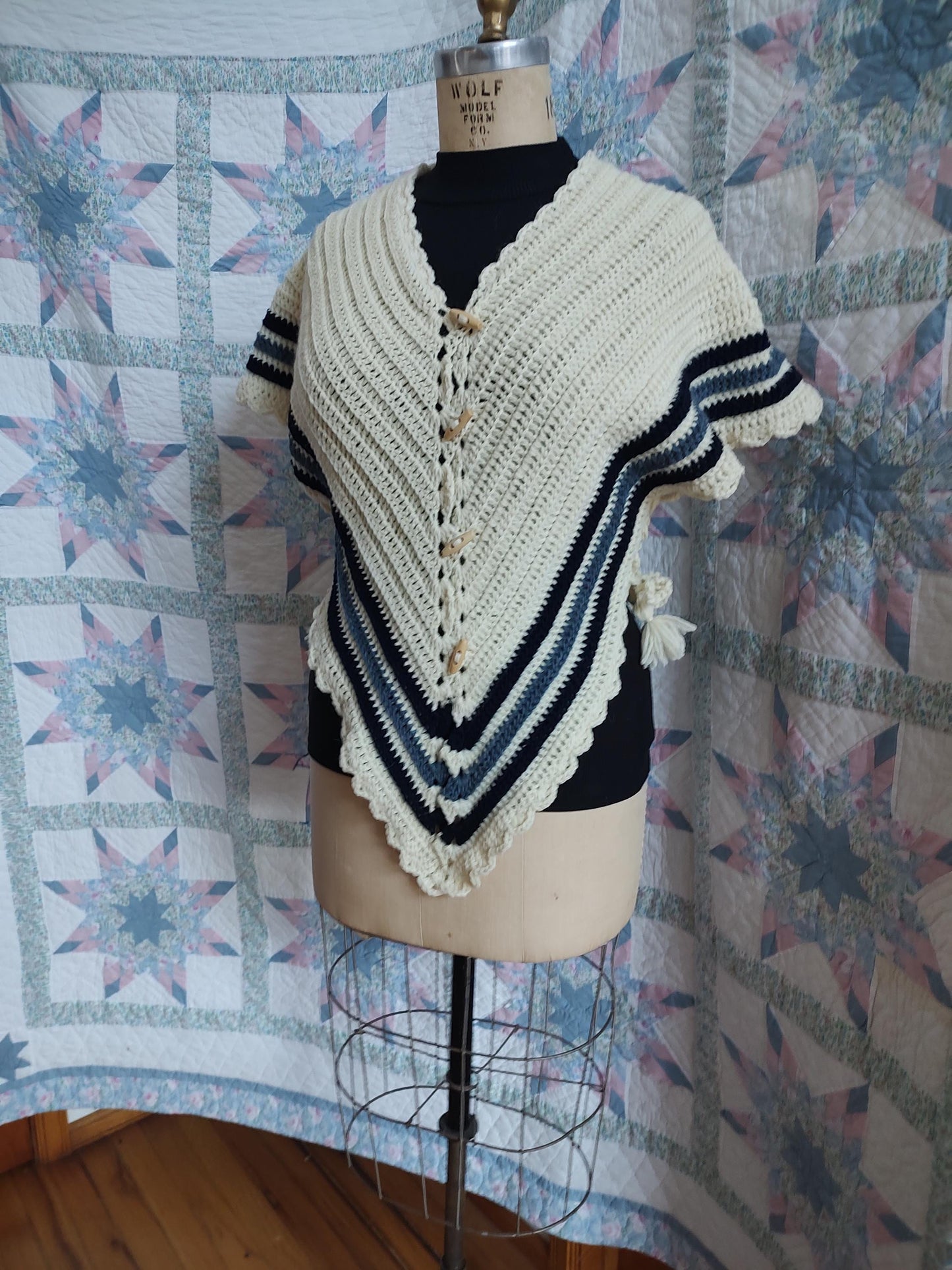 Cream Wool with blue stripes Hug-me-Tight, Crochet Vest for Historical Dress, 19th Century, Victorian, Regular Adult Size