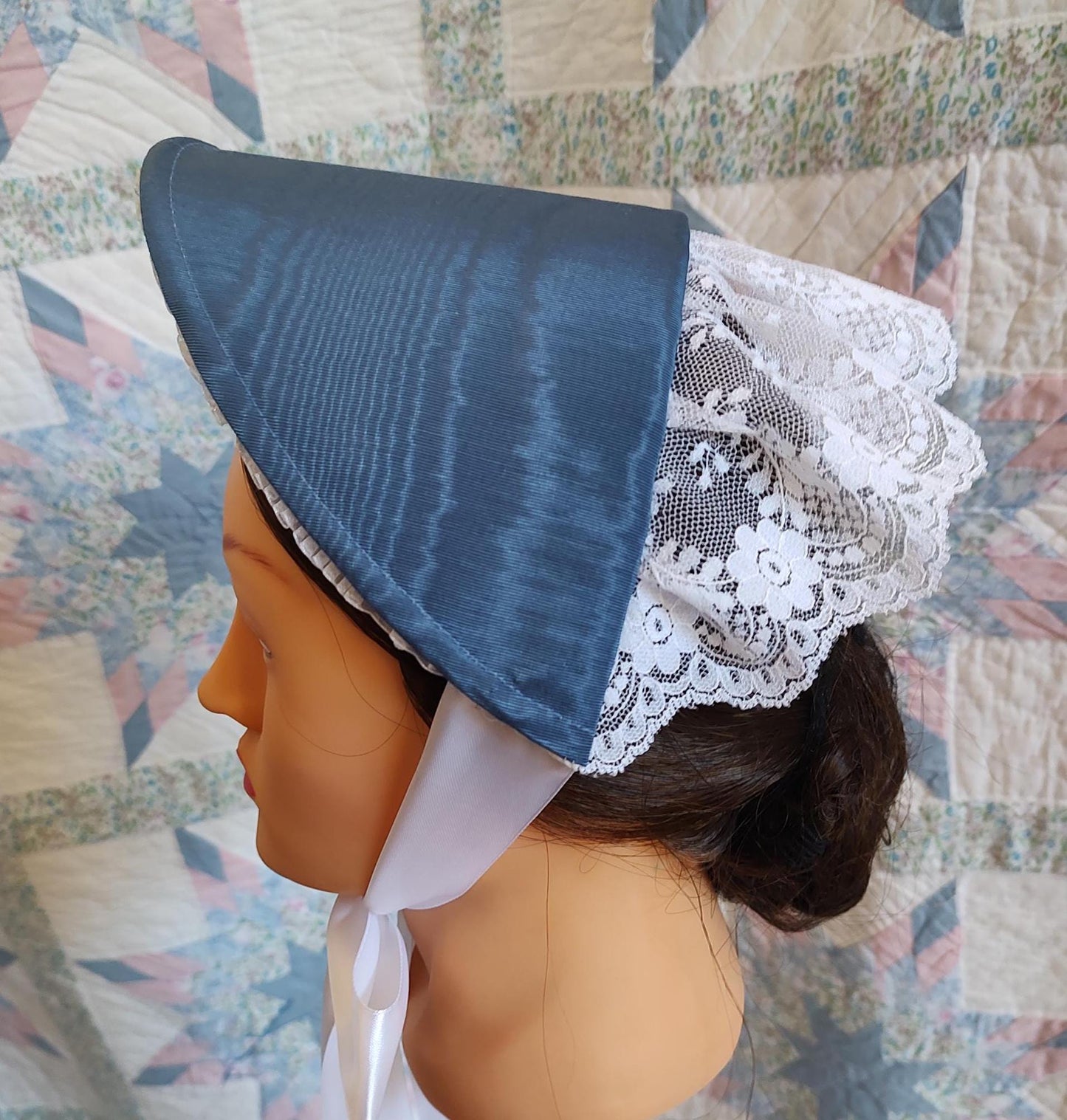 Slate Blue Fanchon Bonnet, Choice of Embellishment, Dinner Bonnet - Empire Bonnet - Civil War - 19th century Victorian