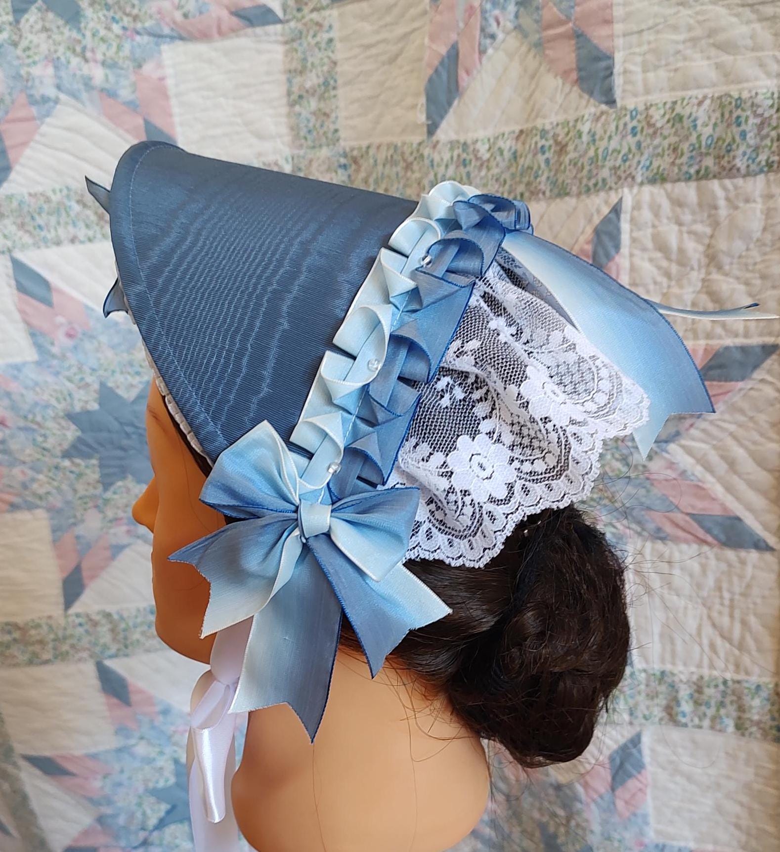 Slate Blue Fanchon Bonnet, Choice of Embellishment, Dinner Bonnet - Empire Bonnet - Civil War - 19th century Victorian