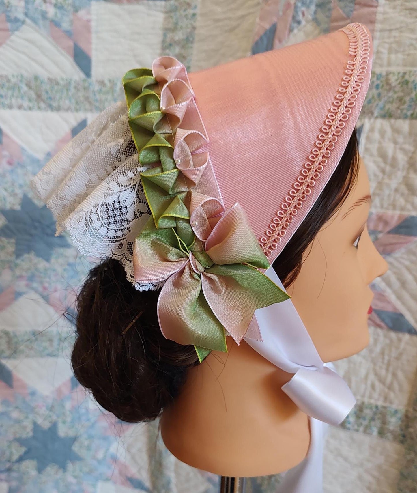 Rose Pink Fanchon Bonnet, Choice of Embellishment, Dinner Bonnet - Empire Bonnet - Civil War - 19th century Victorian