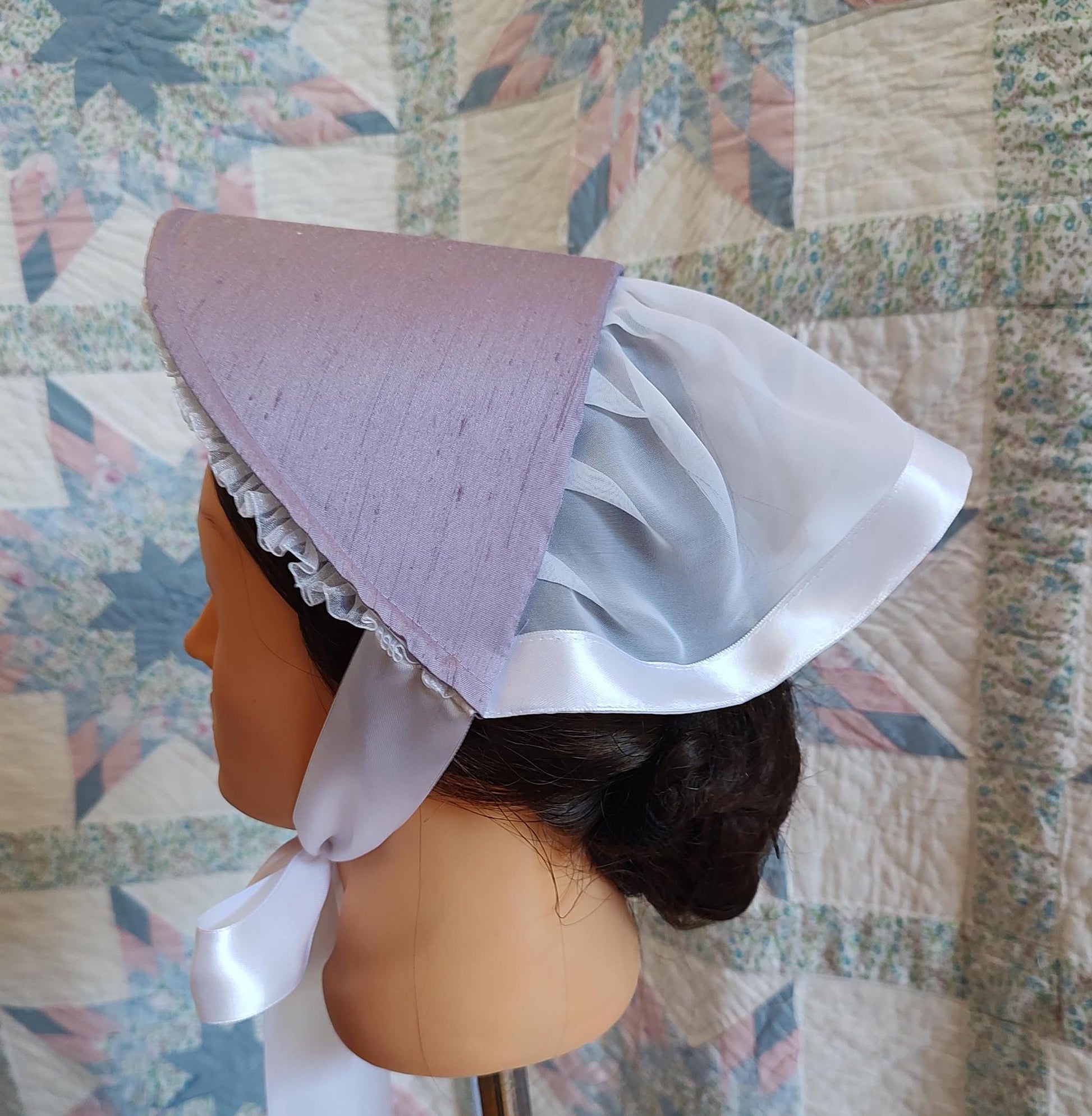 Lilac Fanchon Bonnet, Choice of Embellishment, Dinner Bonnet - Empire Bonnet - Civil War - 19th century Victorian