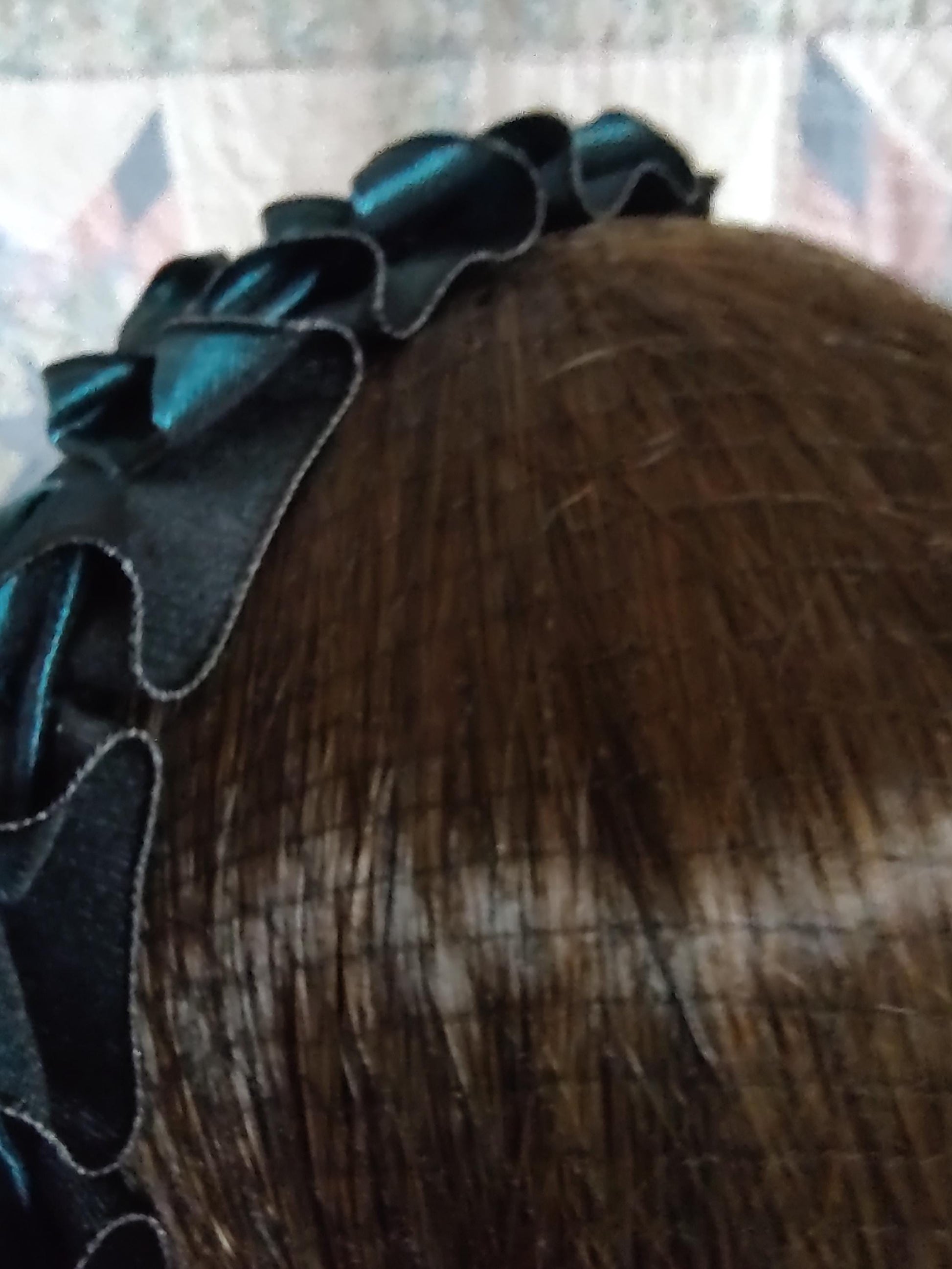 Civil War Hairnet Embellished with Teal/ Black Changeable Folded Ribbon, Mid-19th Century, Victorian, Headpiece,