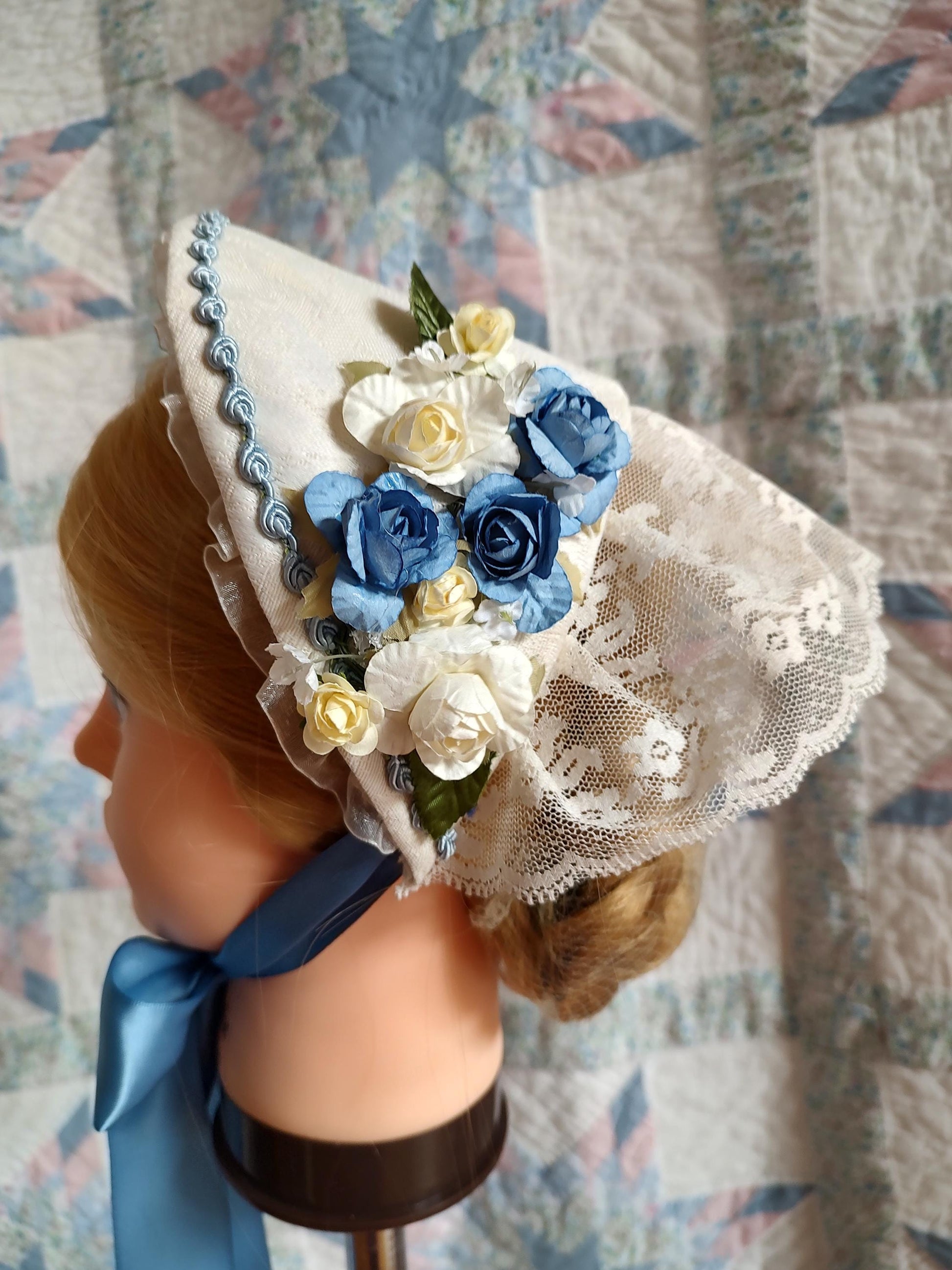Wine or Blue Accented Cream Fanchon Bonnet, Dinner Bonnet - Empire Bonnet - Civil War - 19th century Victorian