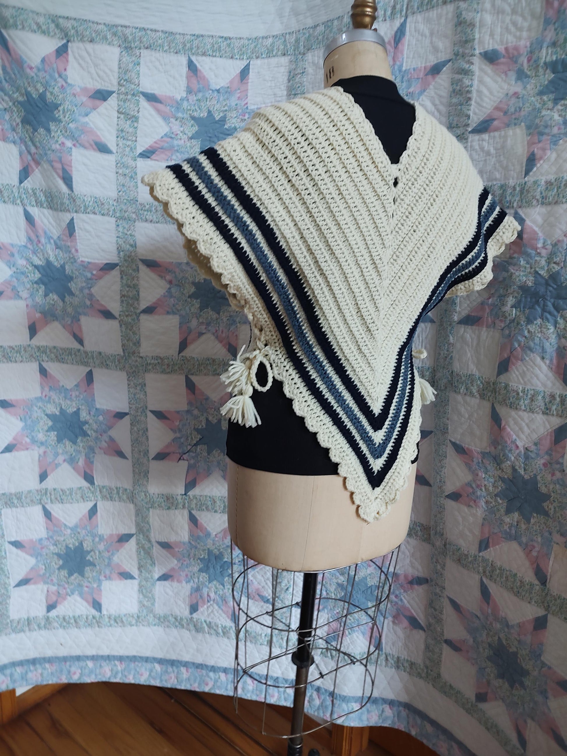 Cream Wool with blue stripes Hug-me-Tight, Crochet Vest for Historical Dress, 19th Century, Victorian, Regular Adult Size