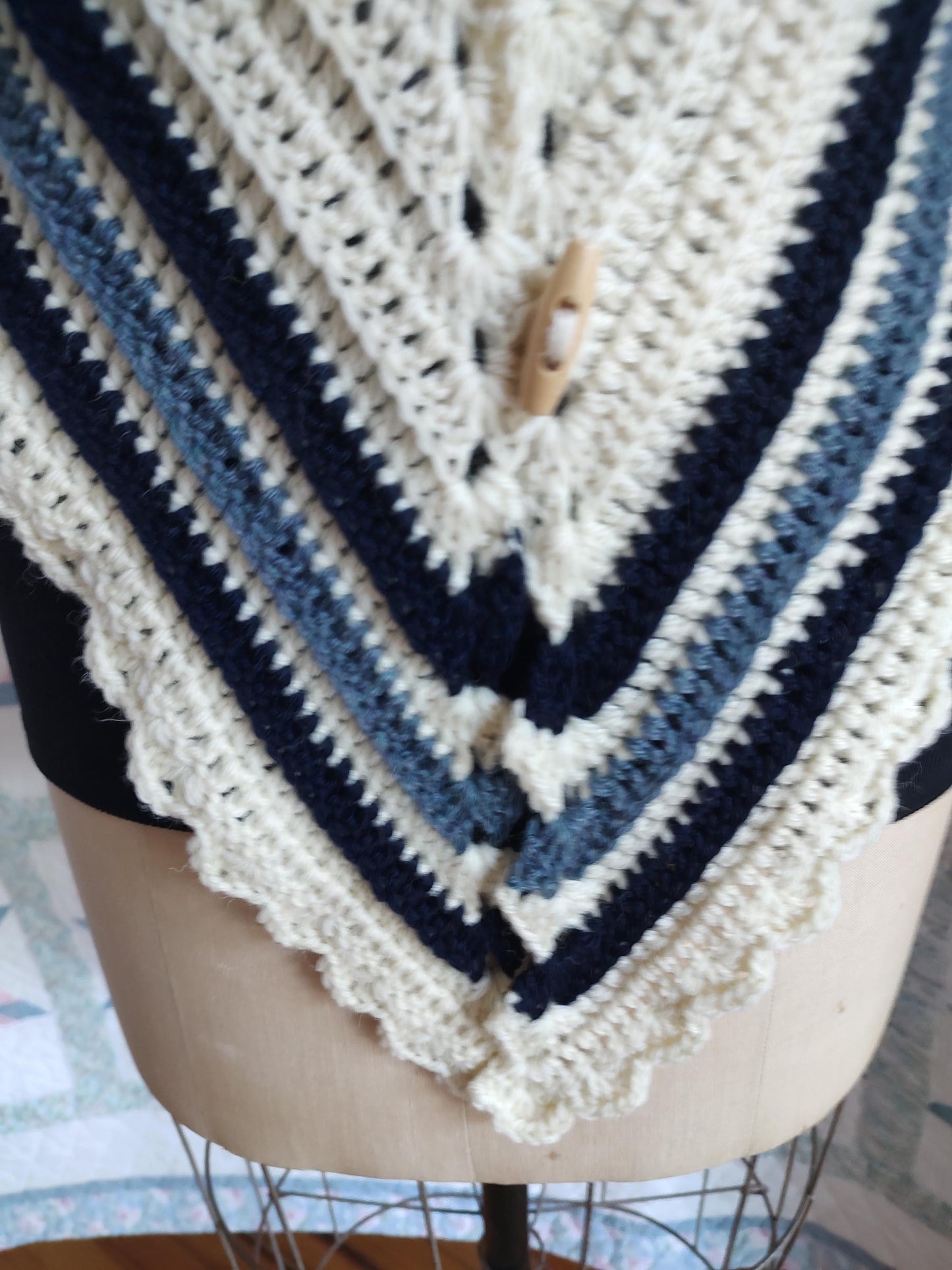 Cream Wool with blue stripes Hug-me-Tight, Crochet Vest for Historical Dress, 19th Century, Victorian, Regular Adult Size