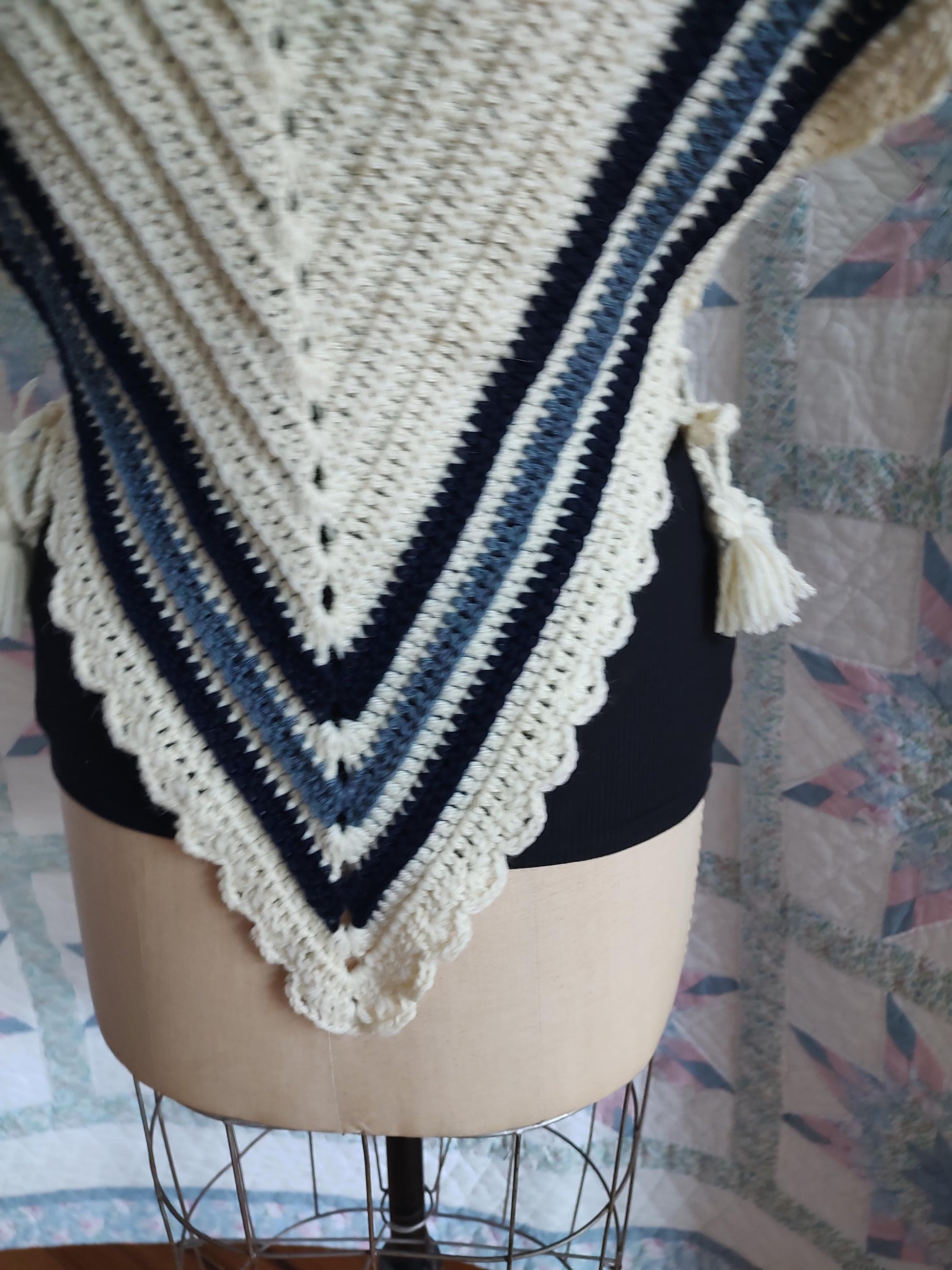 Cream Wool with blue stripes Hug-me-Tight, Crochet Vest for Historical Dress, 19th Century, Victorian, Regular Adult Size