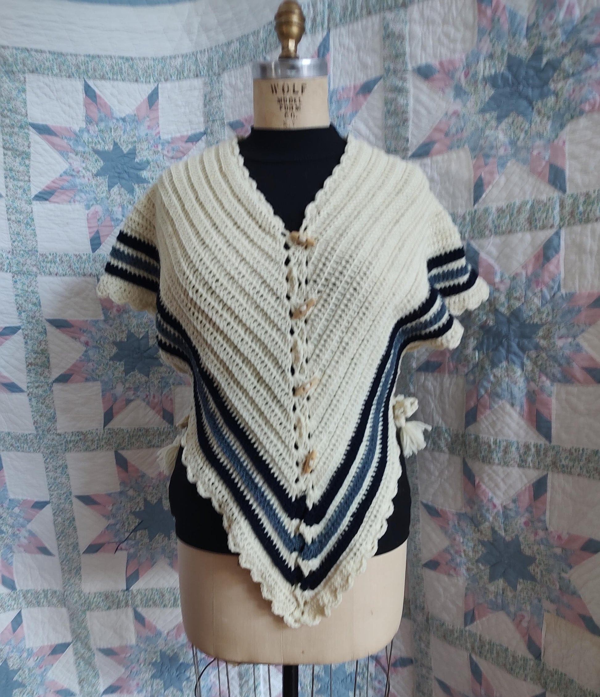 Cream Wool with blue stripes Hug-me-Tight, Crochet Vest for Historical Dress, 19th Century, Victorian, Regular Adult Size