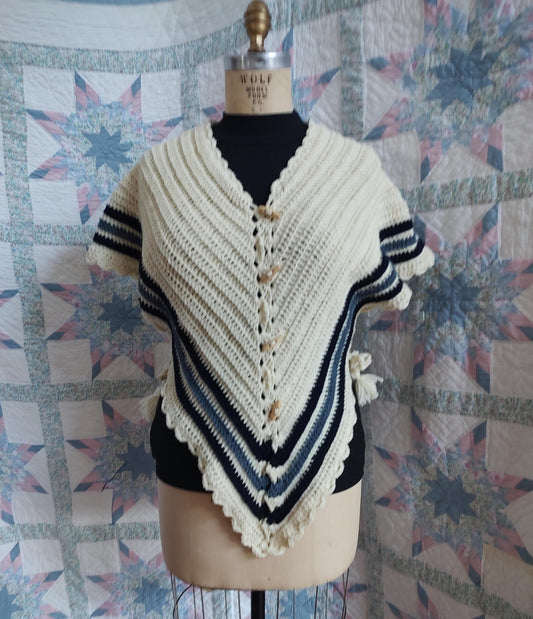 Cream Wool with blue stripes Hug-me-Tight, Crochet Vest for Historical Dress, 19th Century, Victorian, Regular Adult Size