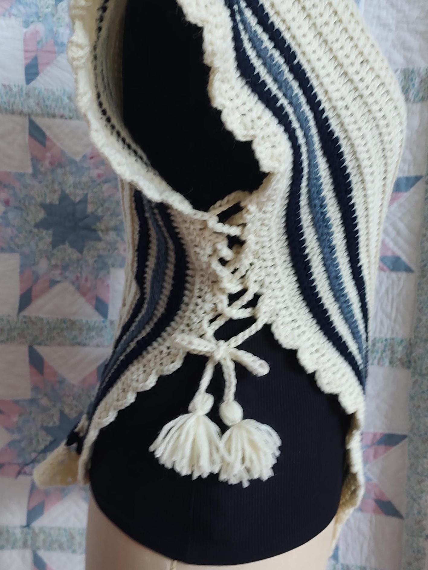 Cream Wool with blue stripes Hug-me-Tight, Crochet Vest for Historical Dress, 19th Century, Victorian, Regular Adult Size