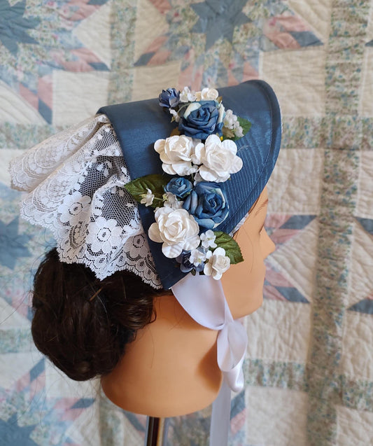 Slate Blue Fanchon Bonnet, Choice of Embellishment, Dinner Bonnet - Empire Bonnet - Civil War - 19th century Victorian