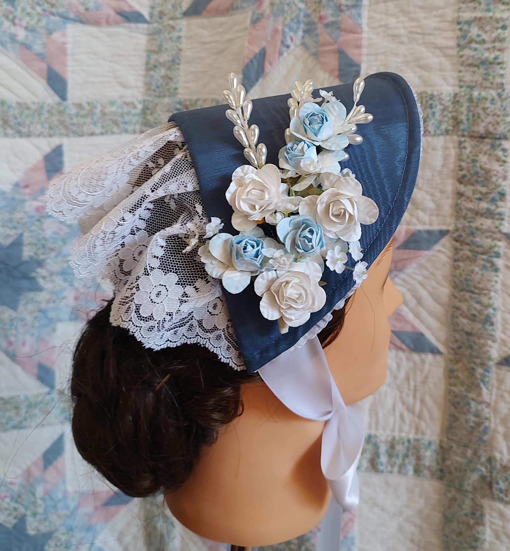 Slate Blue Fanchon Bonnet, Choice of Embellishment, Dinner Bonnet - Empire Bonnet - Civil War - 19th century Victorian