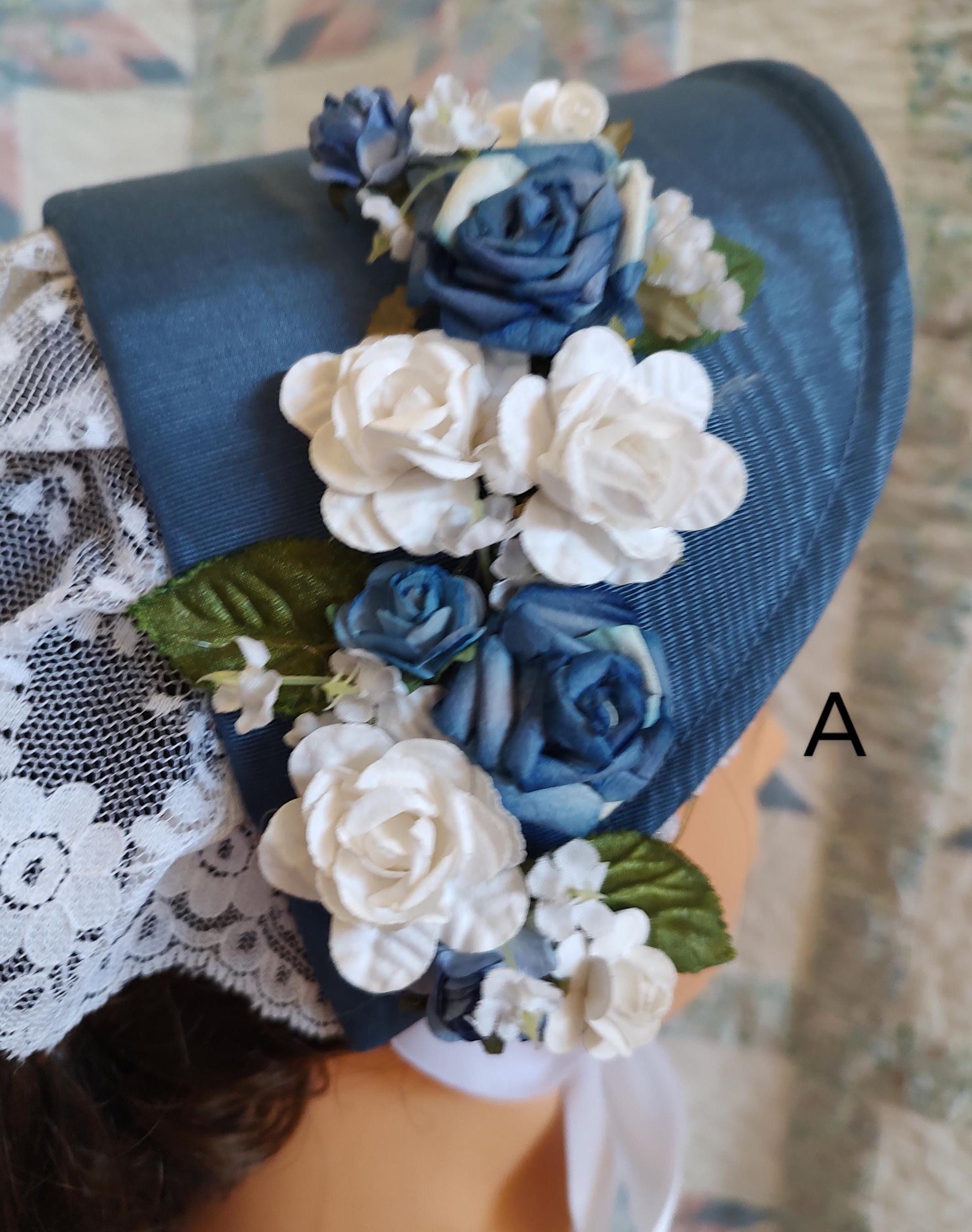 Slate Blue Fanchon Bonnet, Choice of Embellishment, Dinner Bonnet - Empire Bonnet - Civil War - 19th century Victorian
