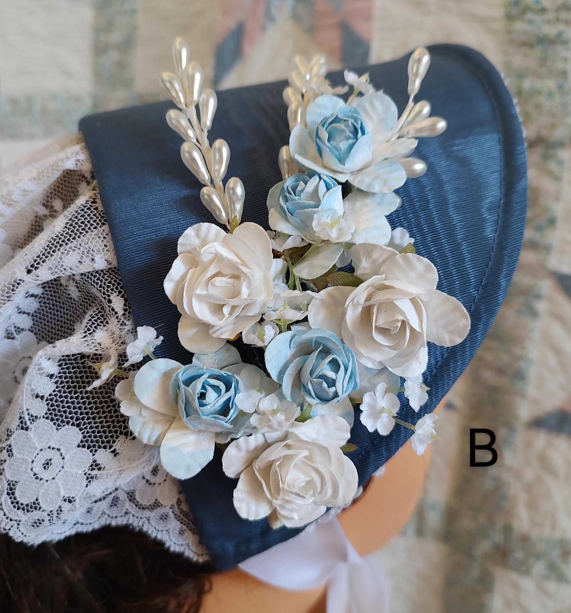 Slate Blue Fanchon Bonnet, Choice of Embellishment, Dinner Bonnet - Empire Bonnet - Civil War - 19th century Victorian