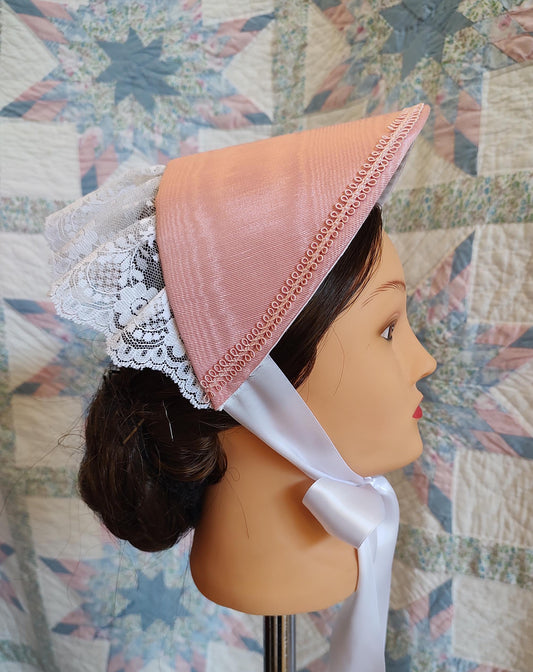 Rose Pink Fanchon Bonnet, Choice of Embellishment, Dinner Bonnet - Empire Bonnet - Civil War - 19th century Victorian