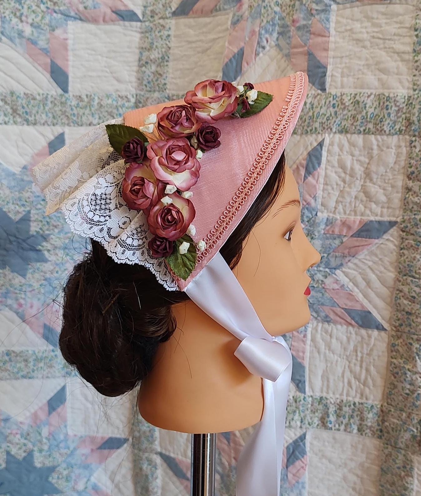 Rose Pink Fanchon Bonnet, Choice of Embellishment, Dinner Bonnet - Empire Bonnet - Civil War - 19th century Victorian