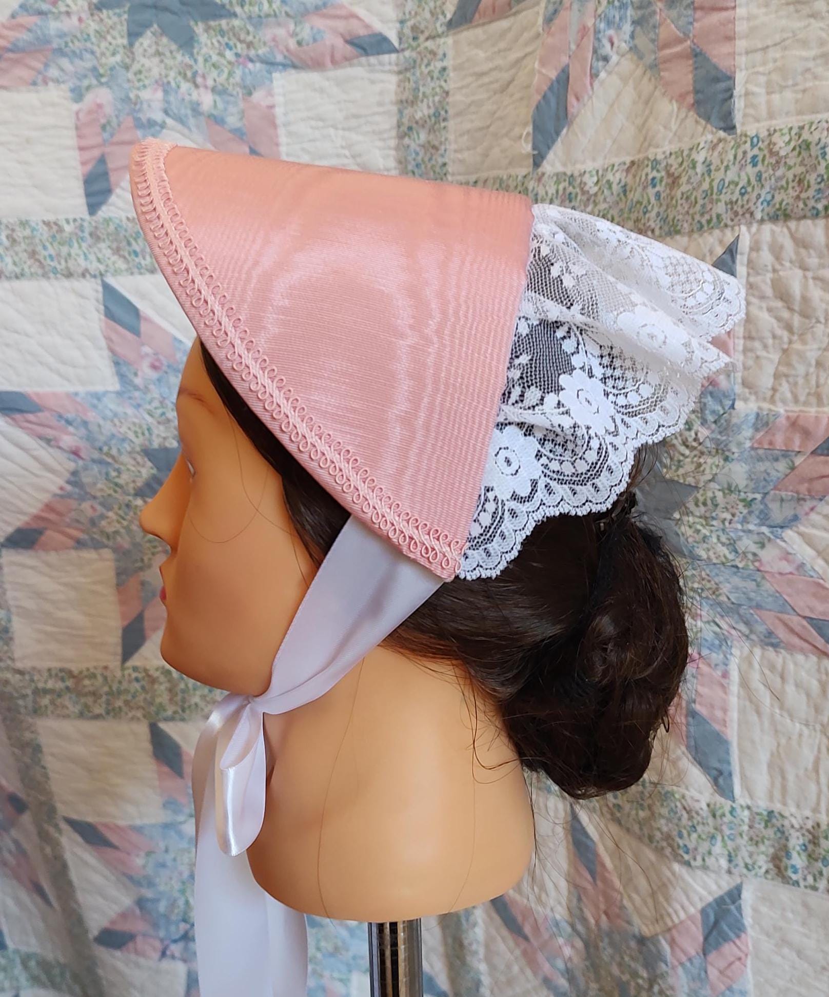 Rose Pink Fanchon Bonnet, Choice of Embellishment, Dinner Bonnet - Empire Bonnet - Civil War - 19th century Victorian
