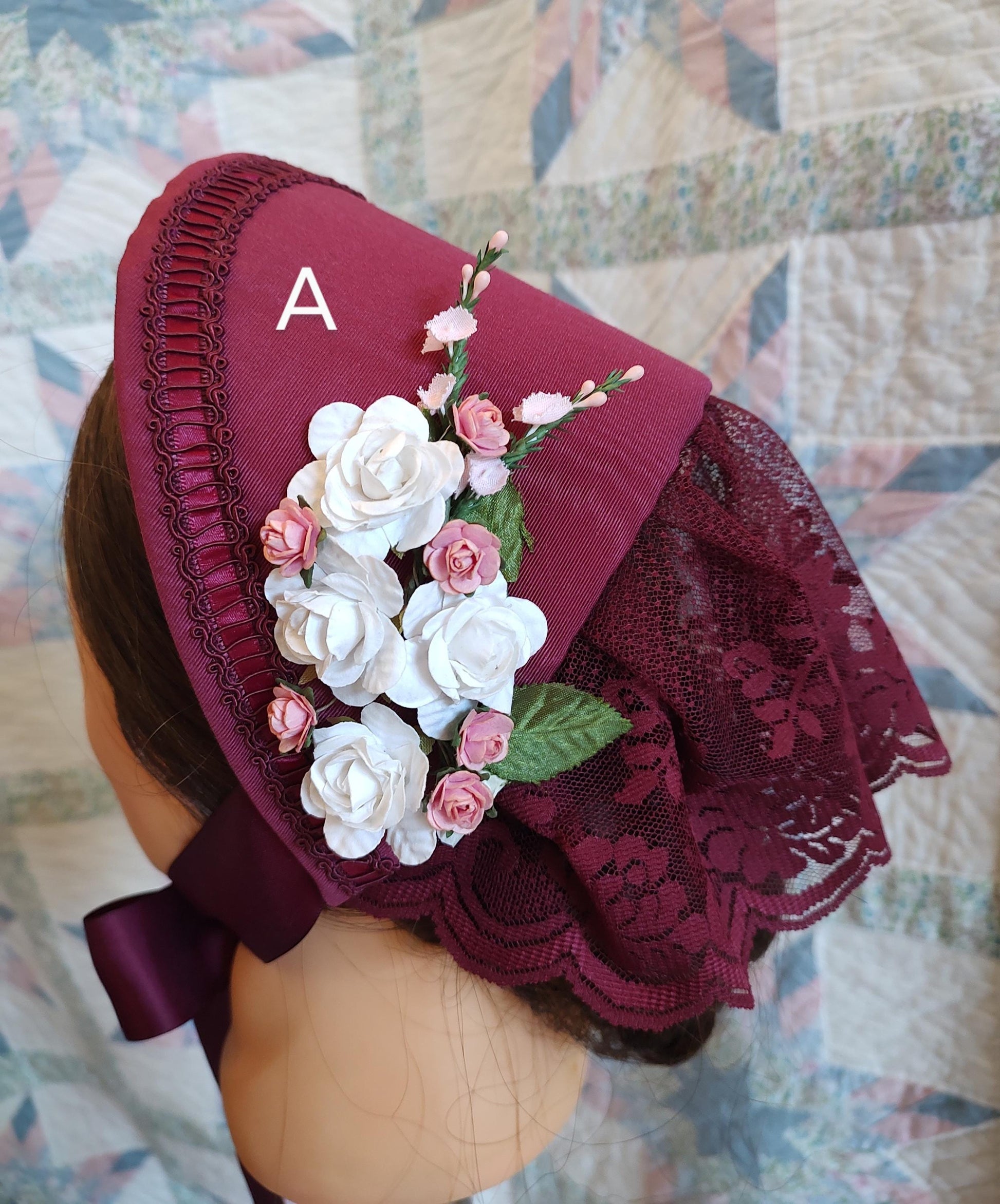 Wine Fanchon Bonnet, Choice of Embellishment, Dinner Bonnet - Empire Bonnet - Civil War - 19th century Victorian