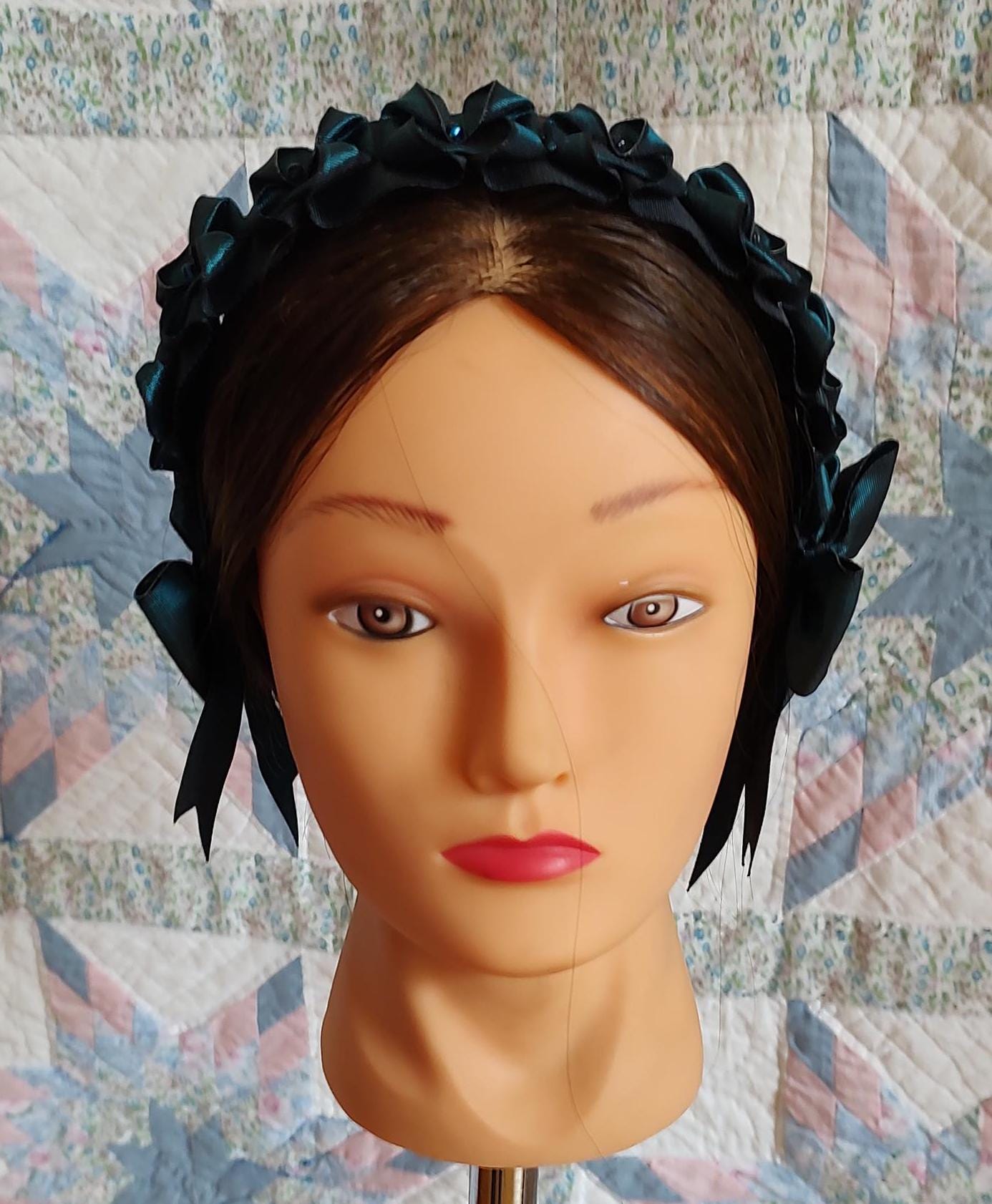 Civil War Hairnet Embellished with Teal/ Black Changeable Folded Ribbon, Mid-19th Century, Victorian, Headpiece,