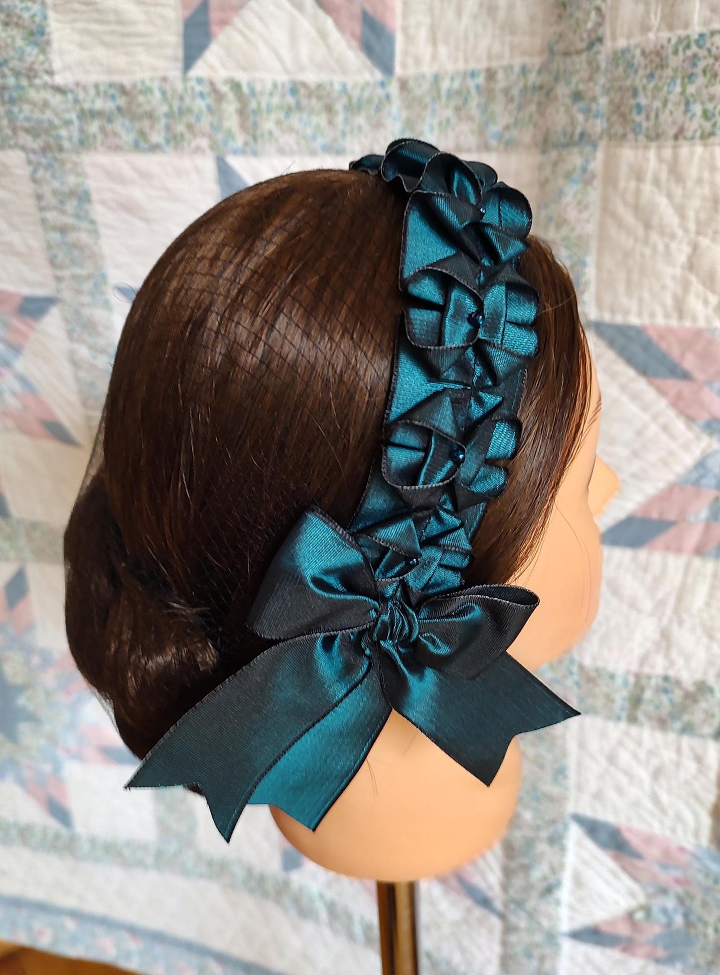Civil War Hairnet Embellished with Teal/ Black Changeable Folded Ribbon, Mid-19th Century, Victorian, Headpiece,